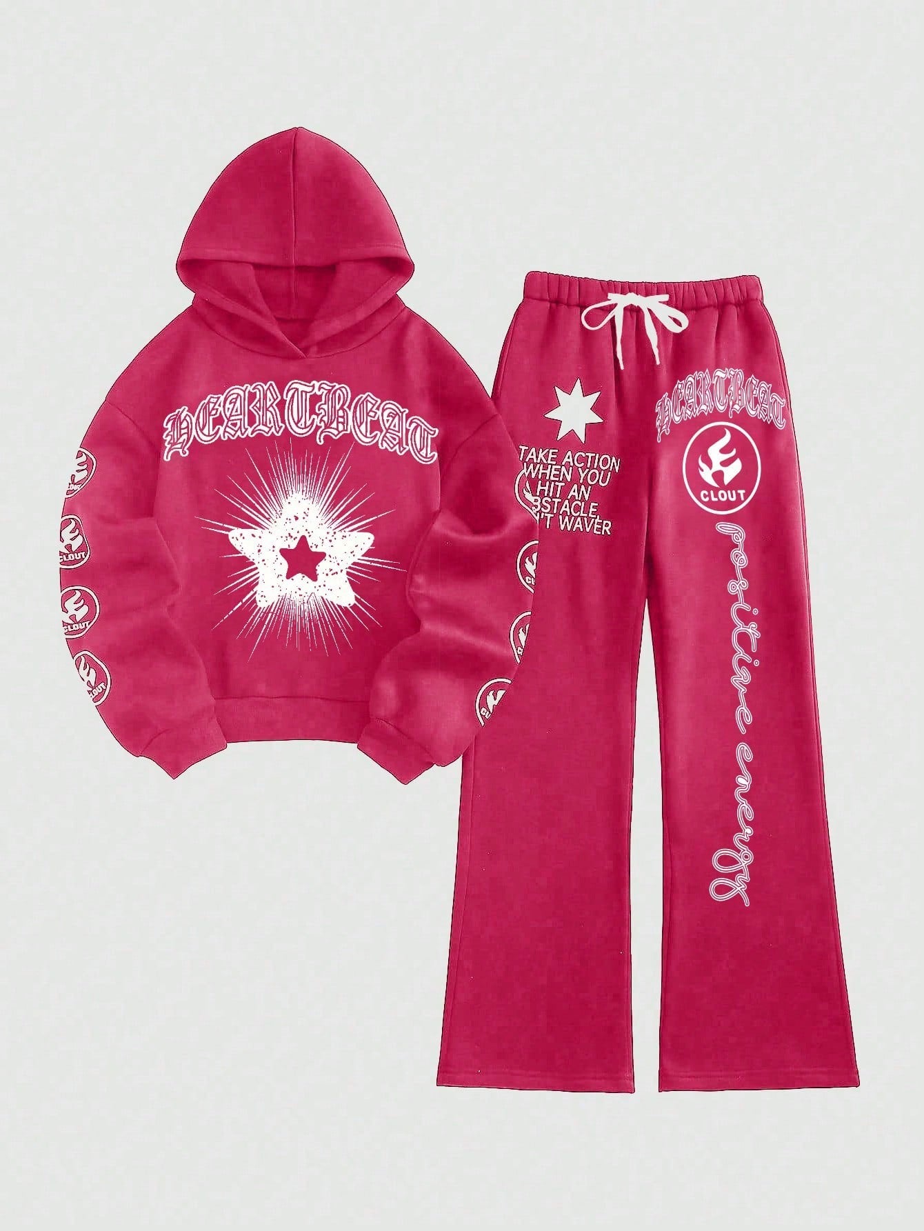 Coolane Star And Letter Printed Fleece Hoodie And Bell Bottom Pants Set