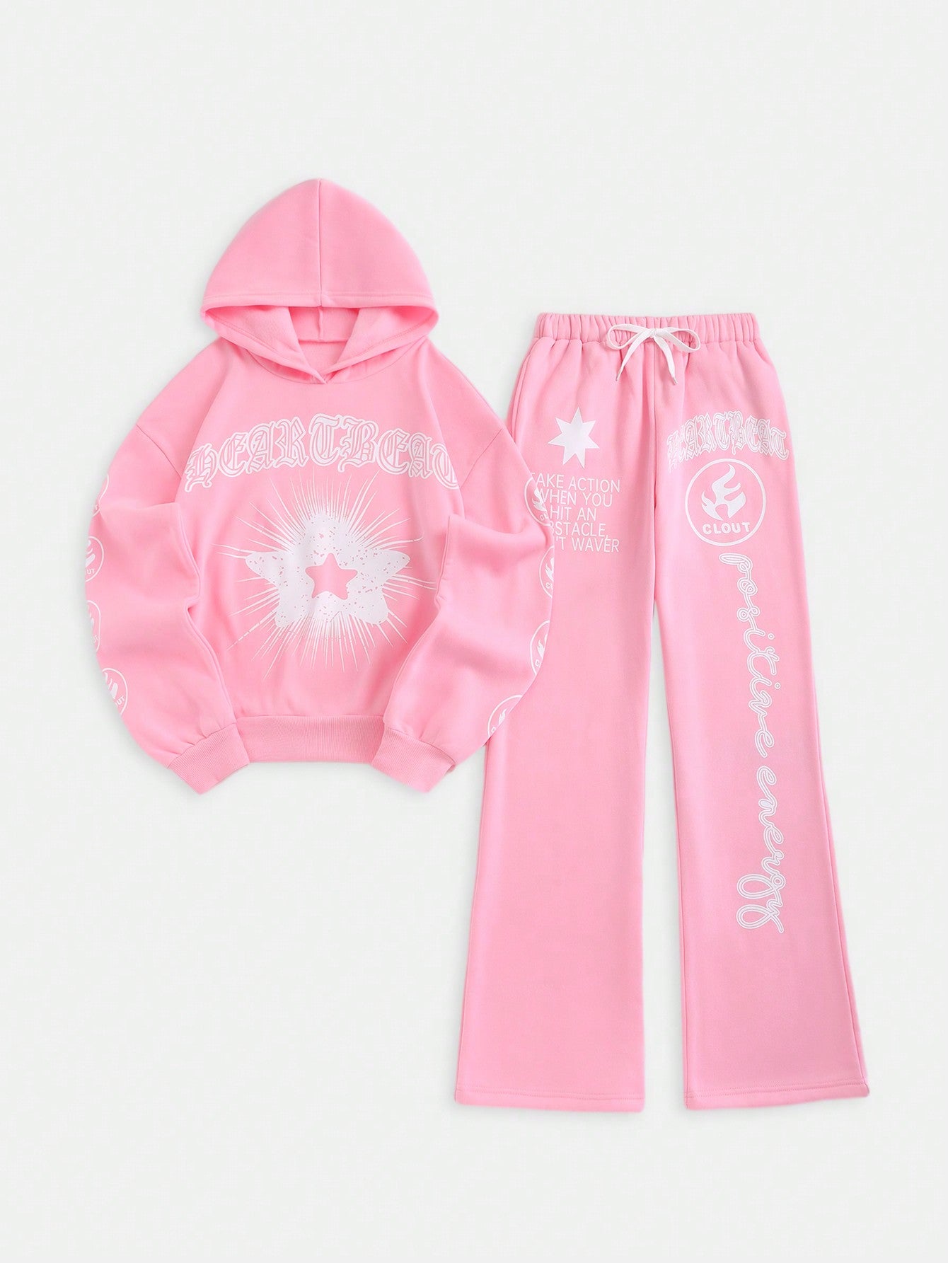 Coolane Star And Letter Printed Fleece Hoodie And Bell Bottom Pants Set