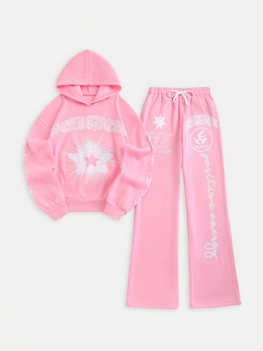 Women's Hooded Sweatshirt And Pants Set With Large Print