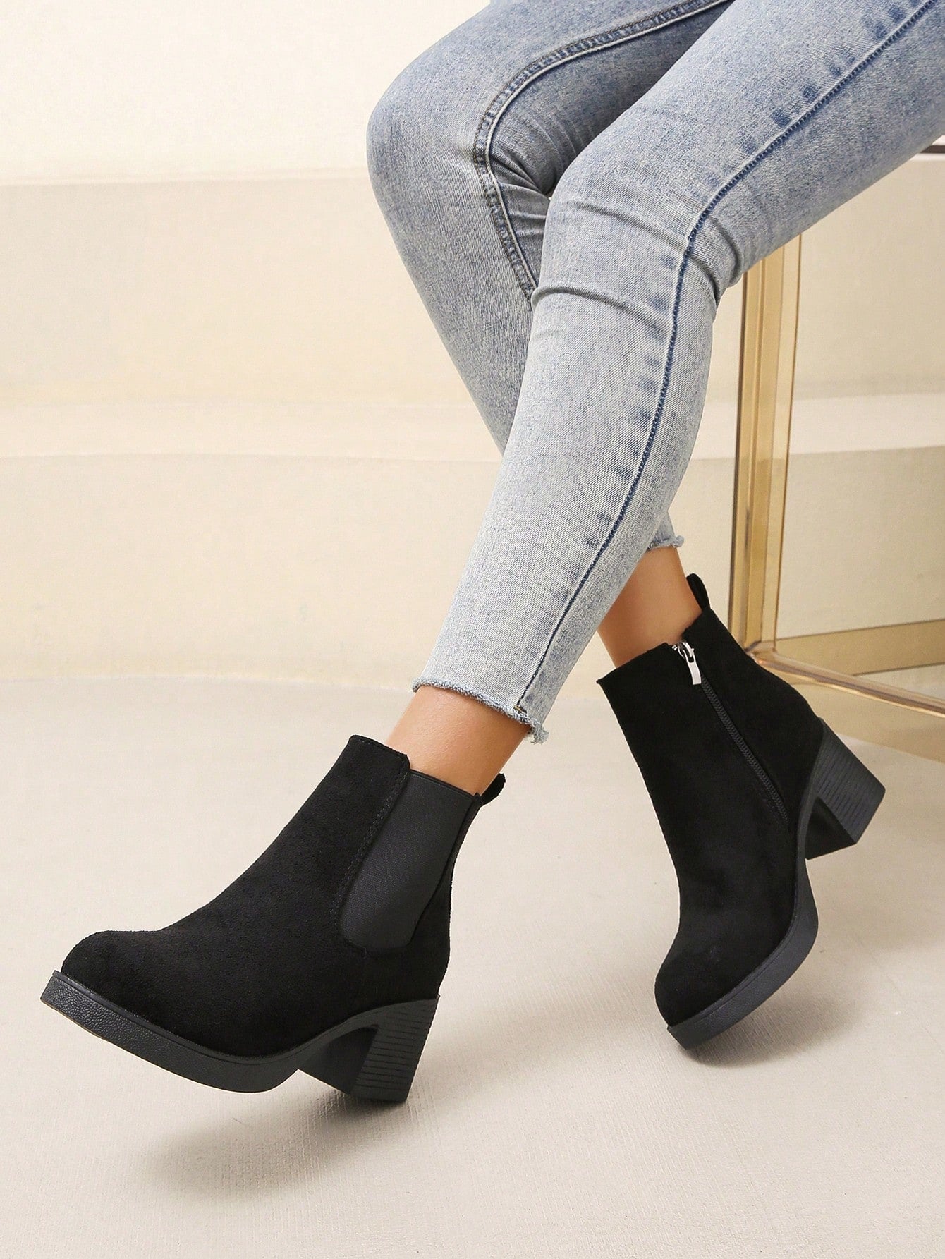 Women's New Style Boots Spring Autumn Winter Black Minimalist Side Zipper Round Toe Wedge Heel Thick Platform Faux Suede Chelsea Ankle Boots Fashionable Comfortable Elegant Short Boots