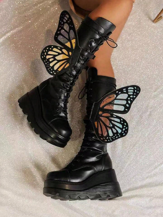 2024 New Thick-Soled Punk Boots With Glossy Surface, Butterfly Decoration, Black Gothic Style Platform Mid-Calf Boots For Women