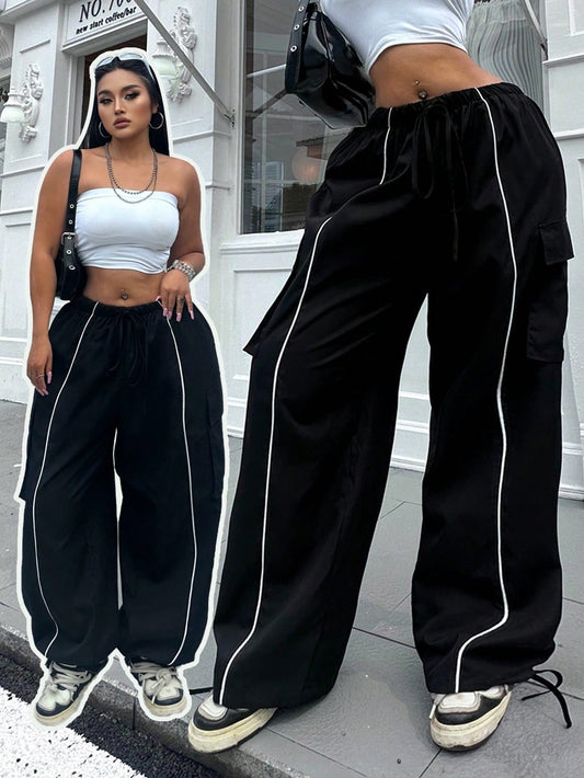 Plus Size Women Elastic Waist Drawstring Cargo Pants With Hem Embellishment