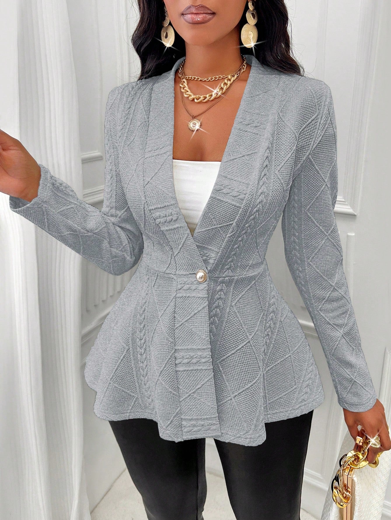 Solid Color Textured Single Button Jacket