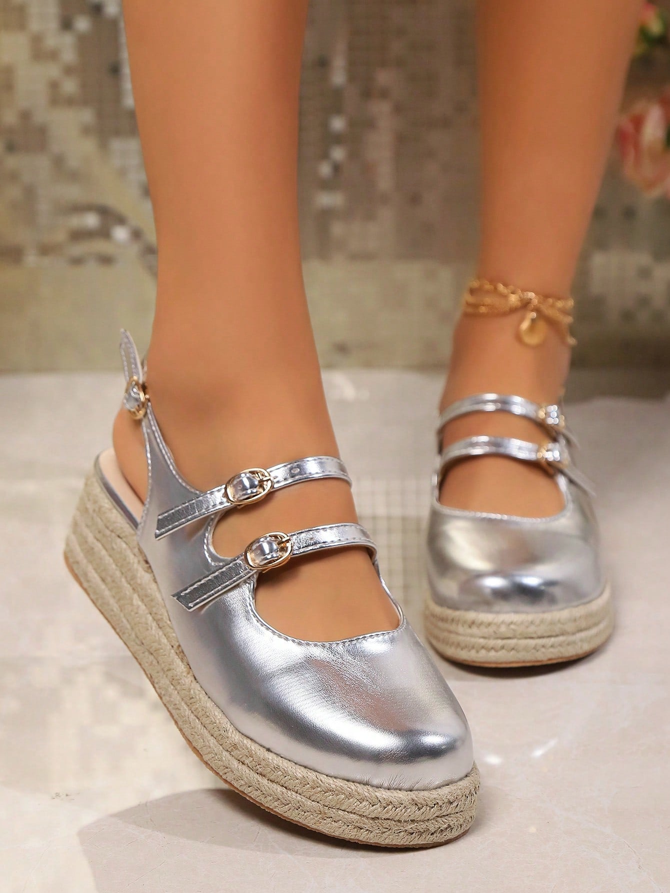 Women's Fashionable Double Buckle Ankle Strap With Decorative Rope Sole Wedge & Thick Bottom Shoes