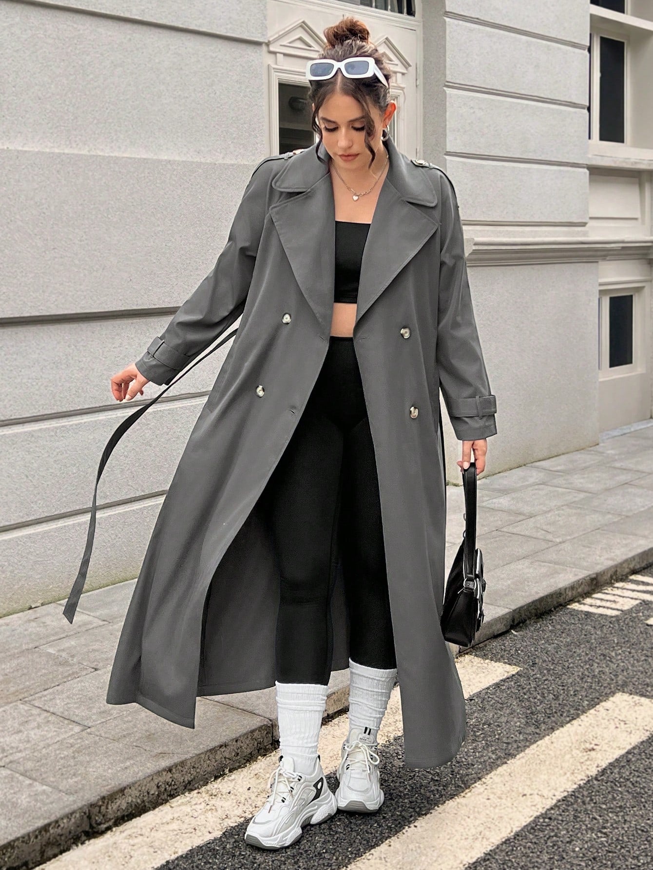 Plus Size Flat Turn-Down Collar Double-Breasted Belted Trench Coat With Pockets