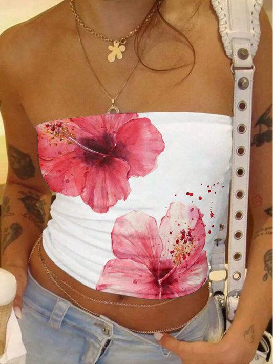 Y2K Hibiscus Flowers Graphic Bandeau Tube Top