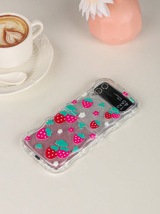 1pc Clear Wave Frame Airbag Anti-Drop Cute Strawberry Floral Pattern Gradient Glitter Cardboard Folding Phone Case Compatible With Samsung Galaxy Z Flip3 5G, Galaxy Z Flip4 5G, Galaxy Z Flip5 5G, Galaxy Z Flip6 5G