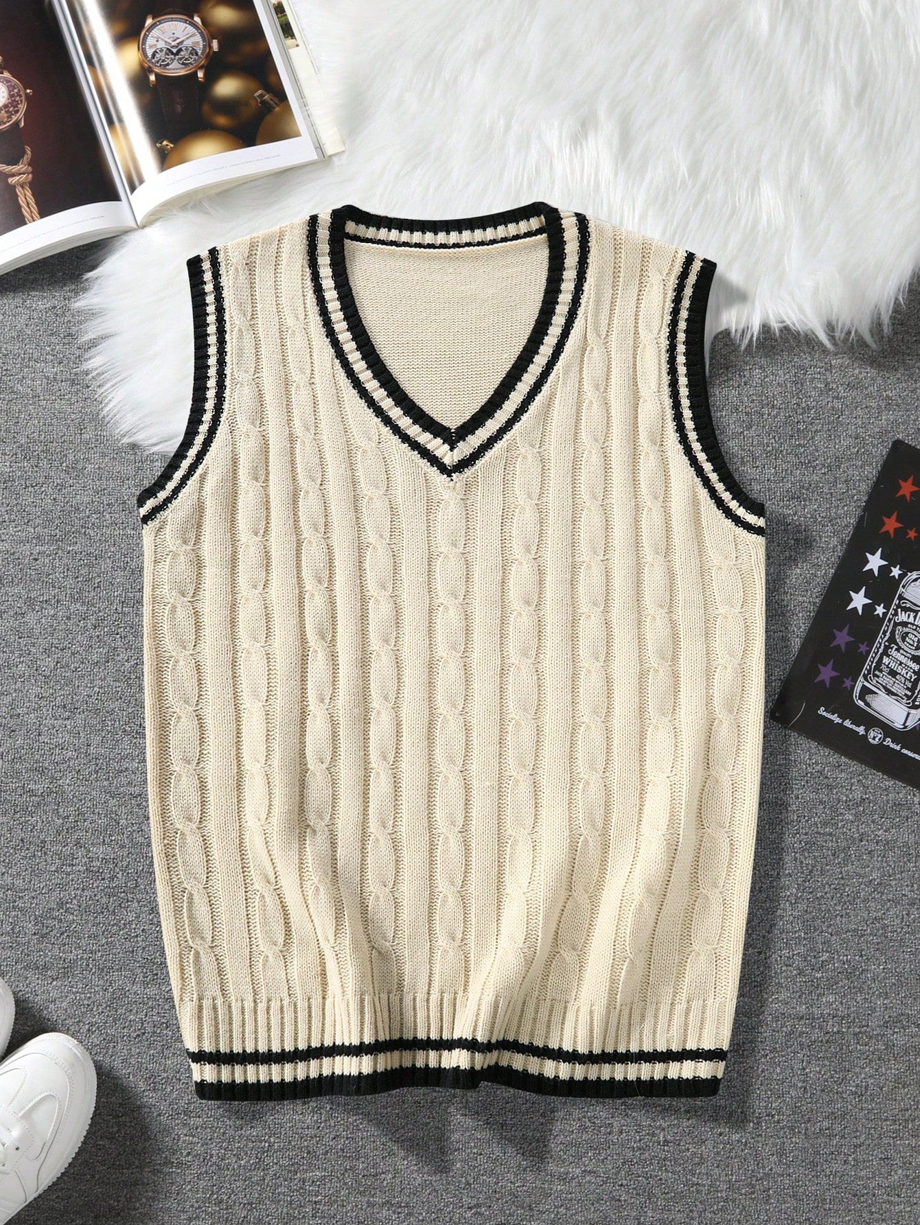 Men's Casual Colorblock Trim Knit Sweater Vest, Spring & Autumn