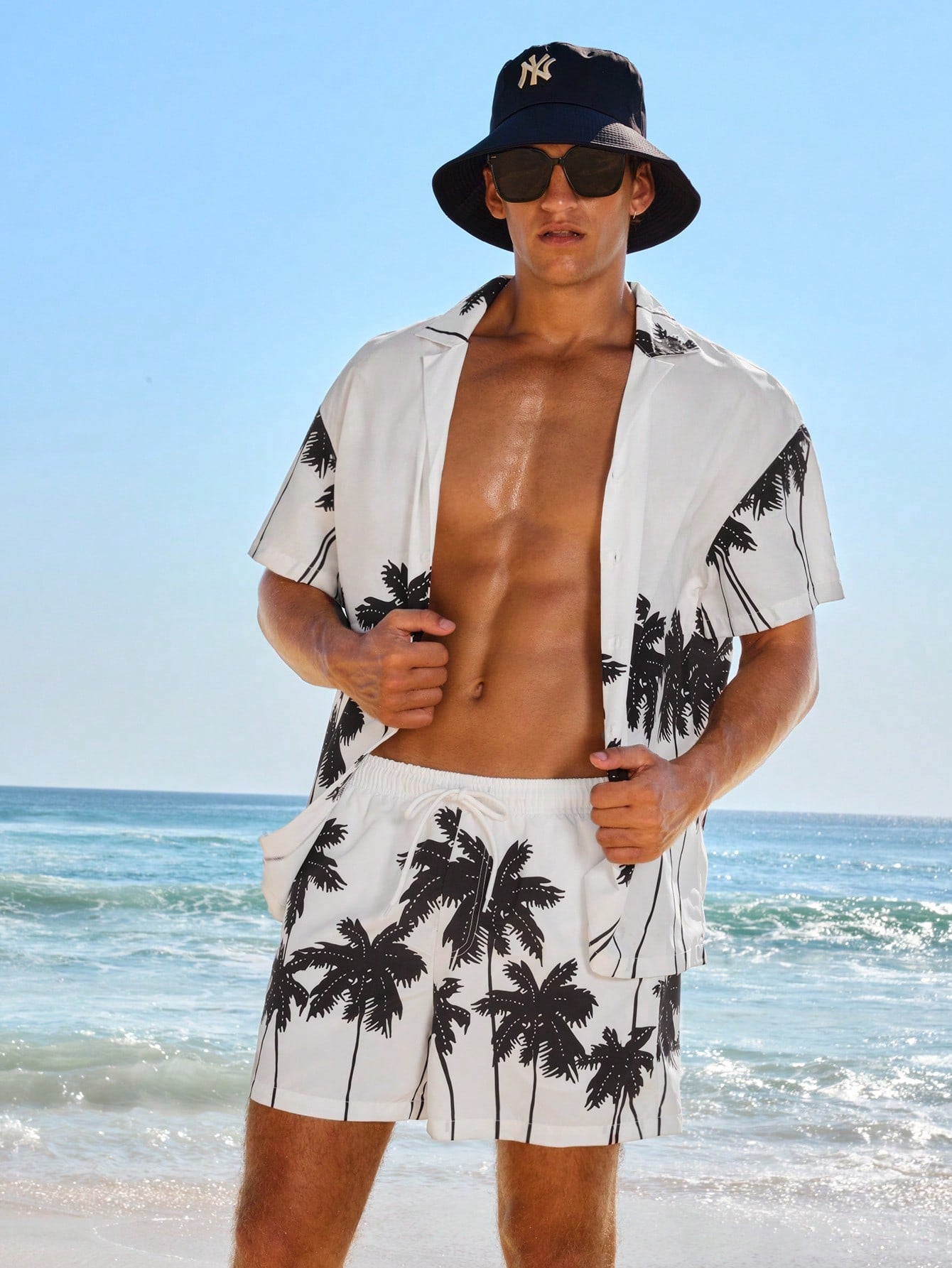 VDAYZ Men's Casual Short Sleeve Shirt & Shorts Beach Set, Random Print Beachwear