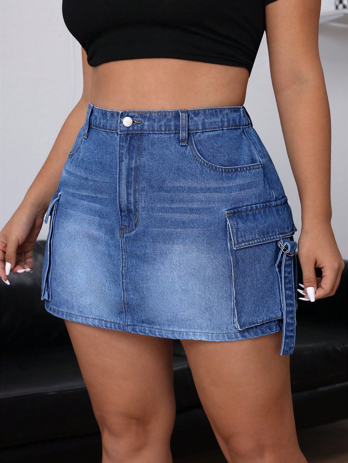 Plus Size Solid Color Denim Skirt With Pockets, Summer