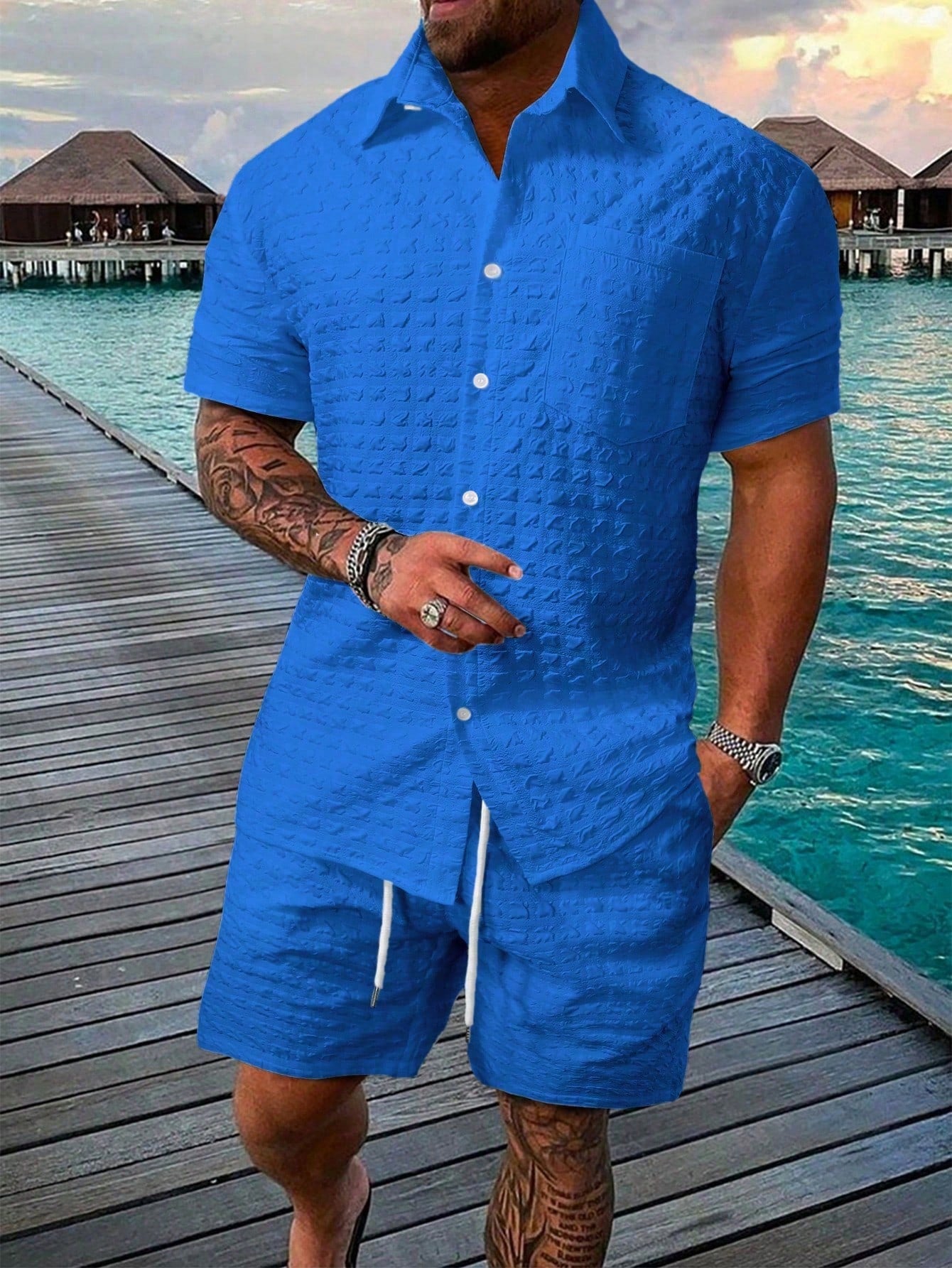 Men Solid Pocket Patched Shirt & Shorts