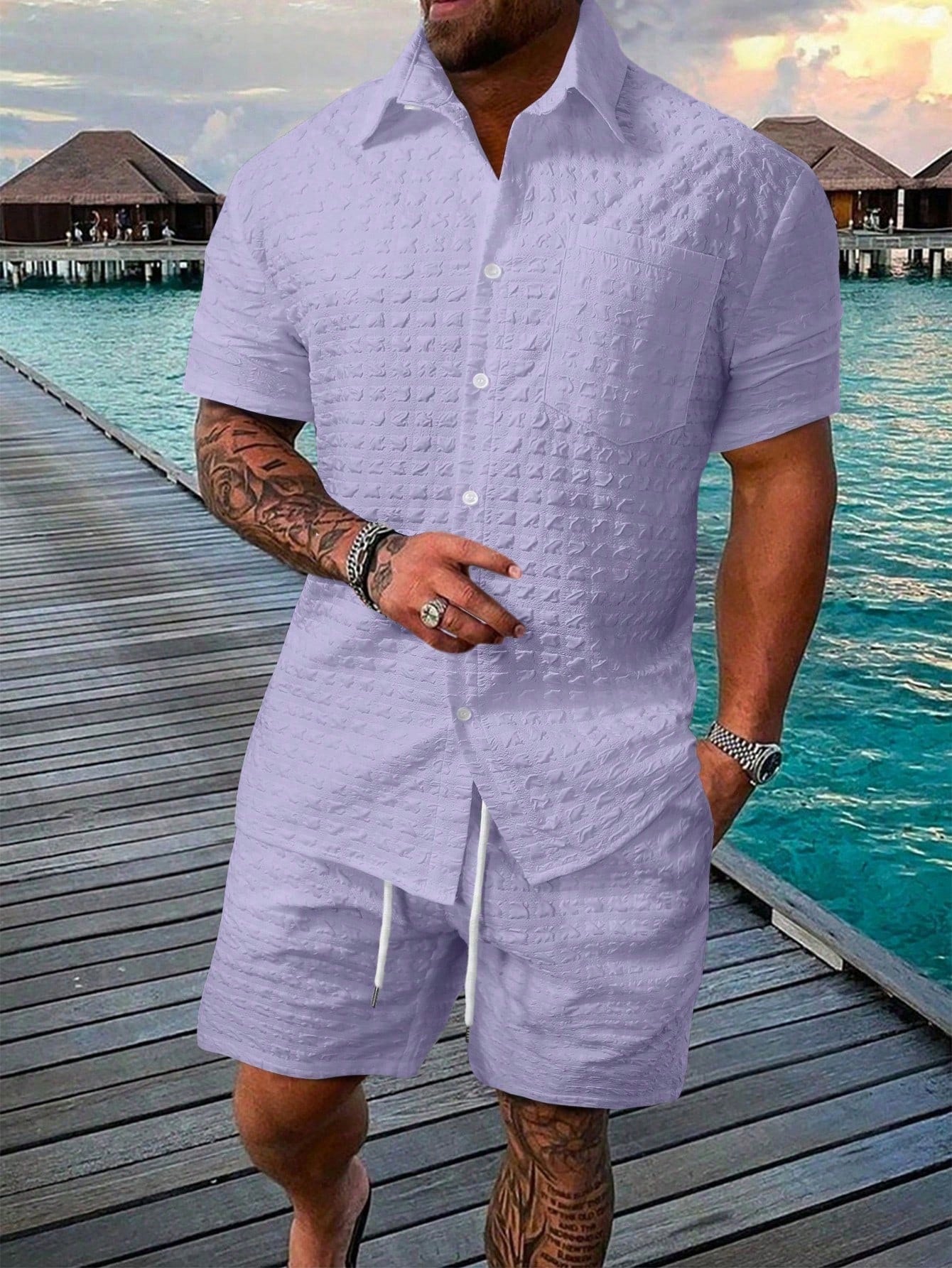 Men Solid Pocket Patched Shirt & Shorts