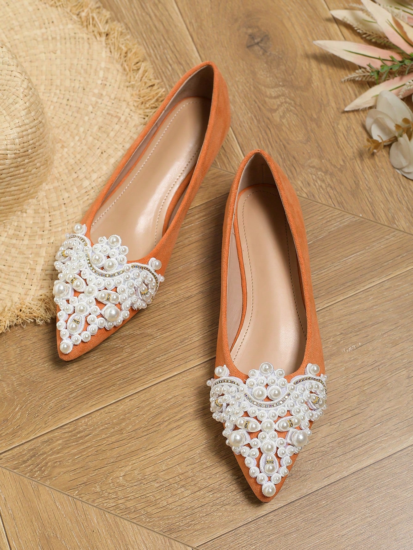 Flat Bridal Wedding Shoes, Low Heel Anti-Slip Comfortable White Beaded Lace Faux Pearls Flats For Bridesmaids