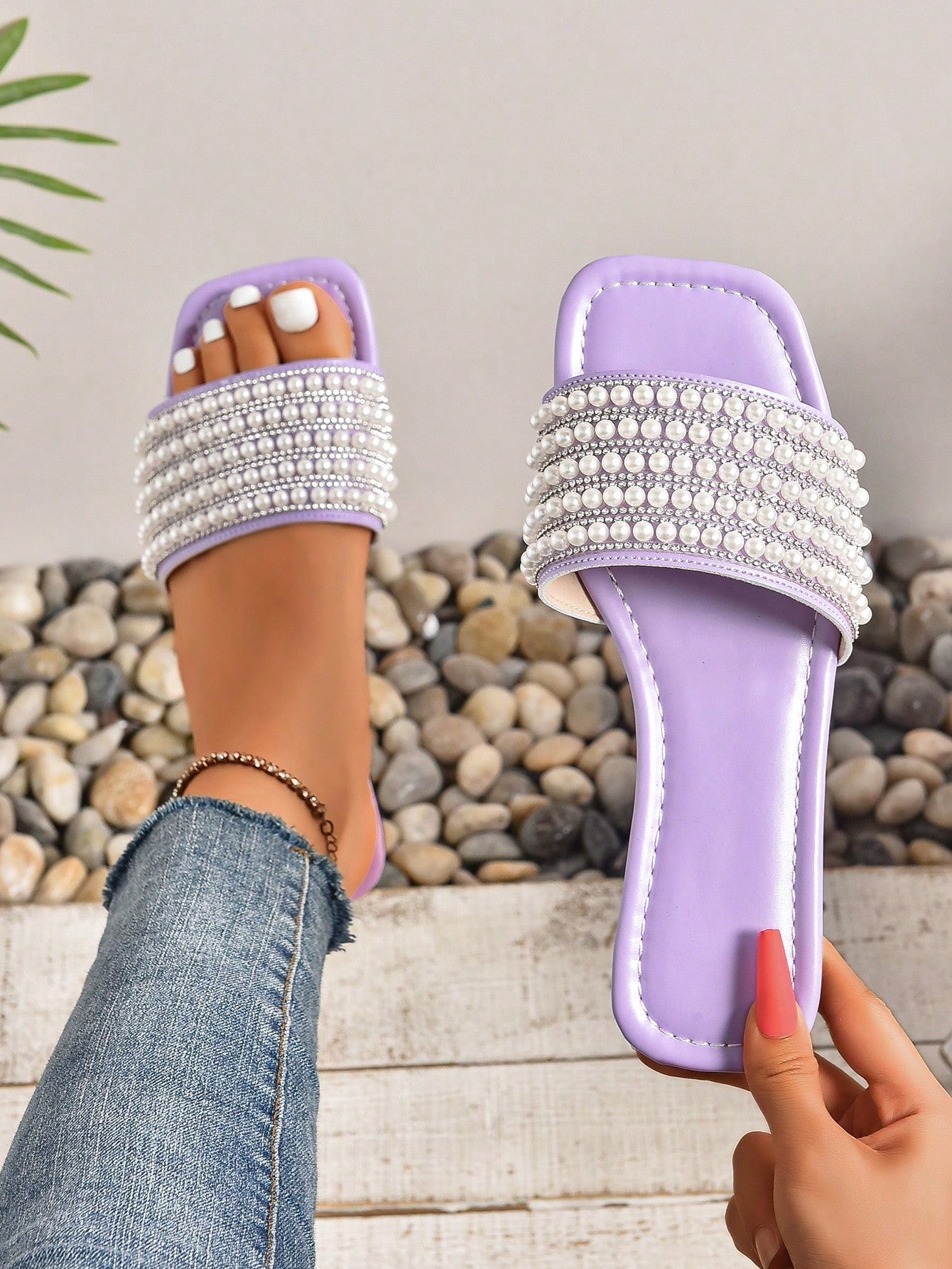 2024 New Fashion Women's Pearl Sandals, Open Toe Square Toe Slip-On Slippers, Elegant Light Purple Flats For Home Leisure