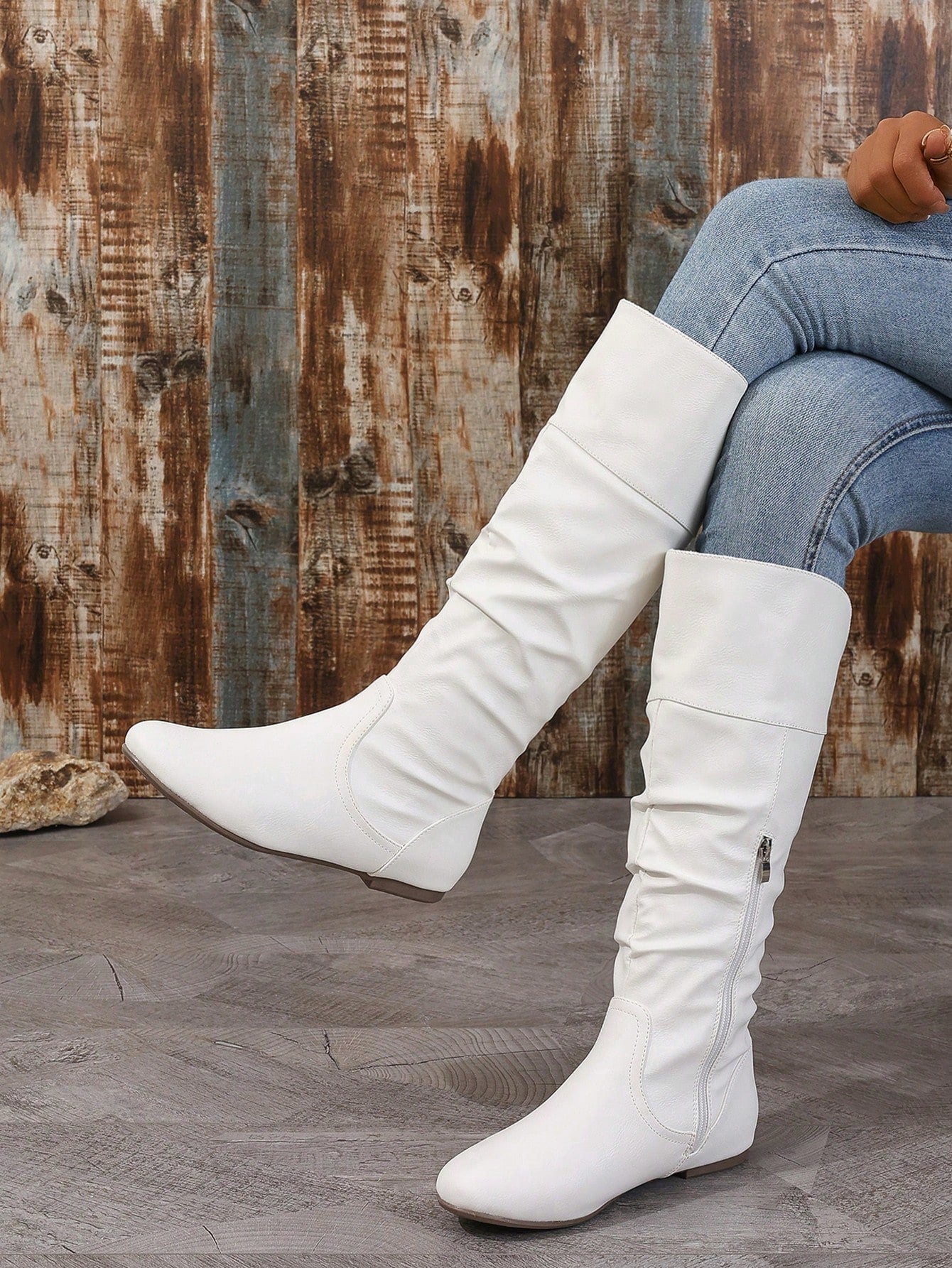 Beige Pleated Strap Buckle Side Zipper Flat Round Toe Casual, Comfortable, Versatile Knee-High Boots For Women