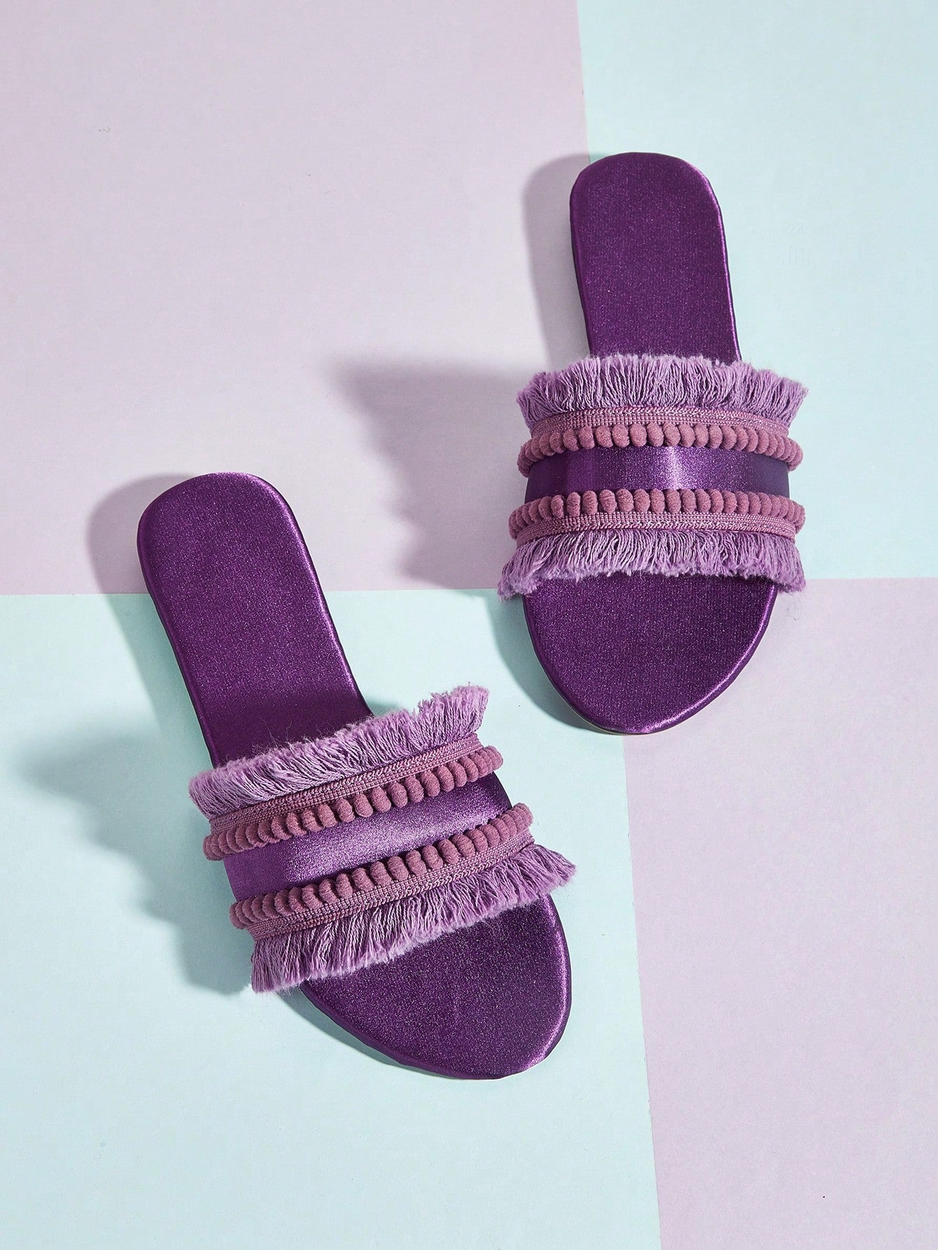 Lilac Suede Ball Fringe Decorated Bohemian Style Flat Sandals For Women,  & Vacation Style. Random Length And Quantity Of Fringe Balls.