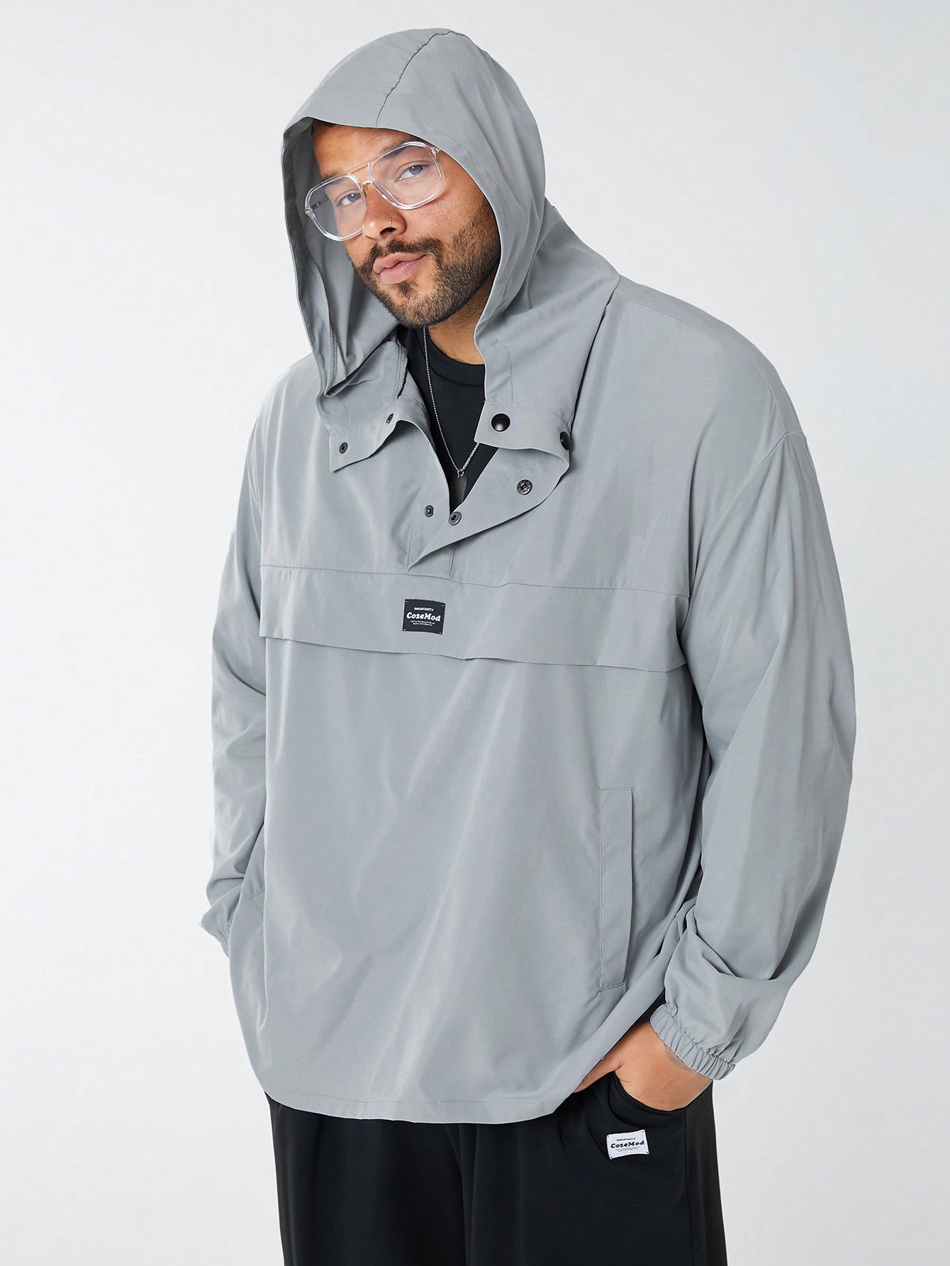 Men's Plus Size Casual Weave Hooded Loose Fit Oversized Half Placket Drop Shoulder Jacket, Suitable For Spring And Autumn Daily Wear