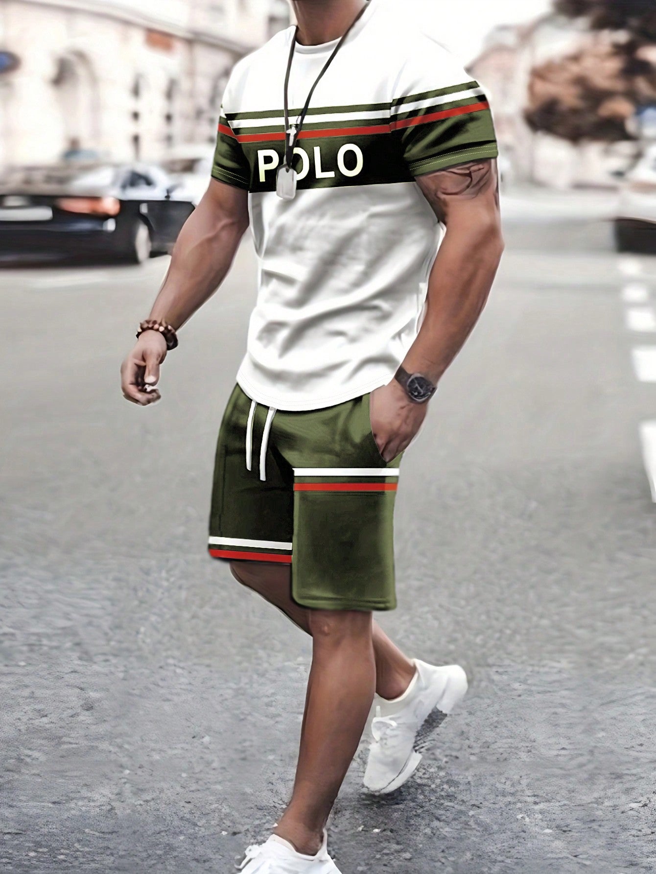 2pcs Men's Letter & Striped Print Short Sleeve Casual T-Shirt And Drawstring Waist Shorts Set, Summer