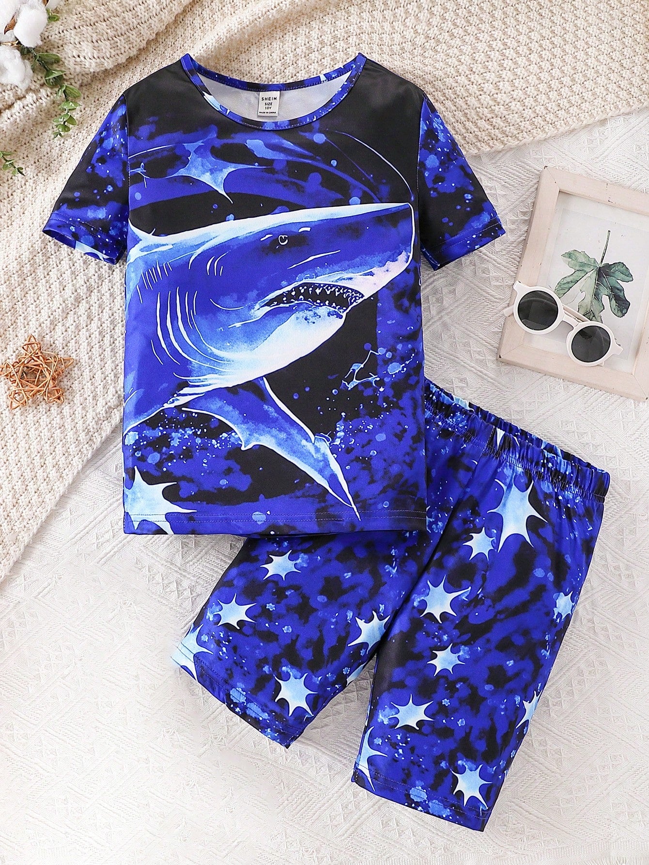 Boys' Night Glow Shark Printed Short Sleeve Tight-Fit Pajama Set, For Youth