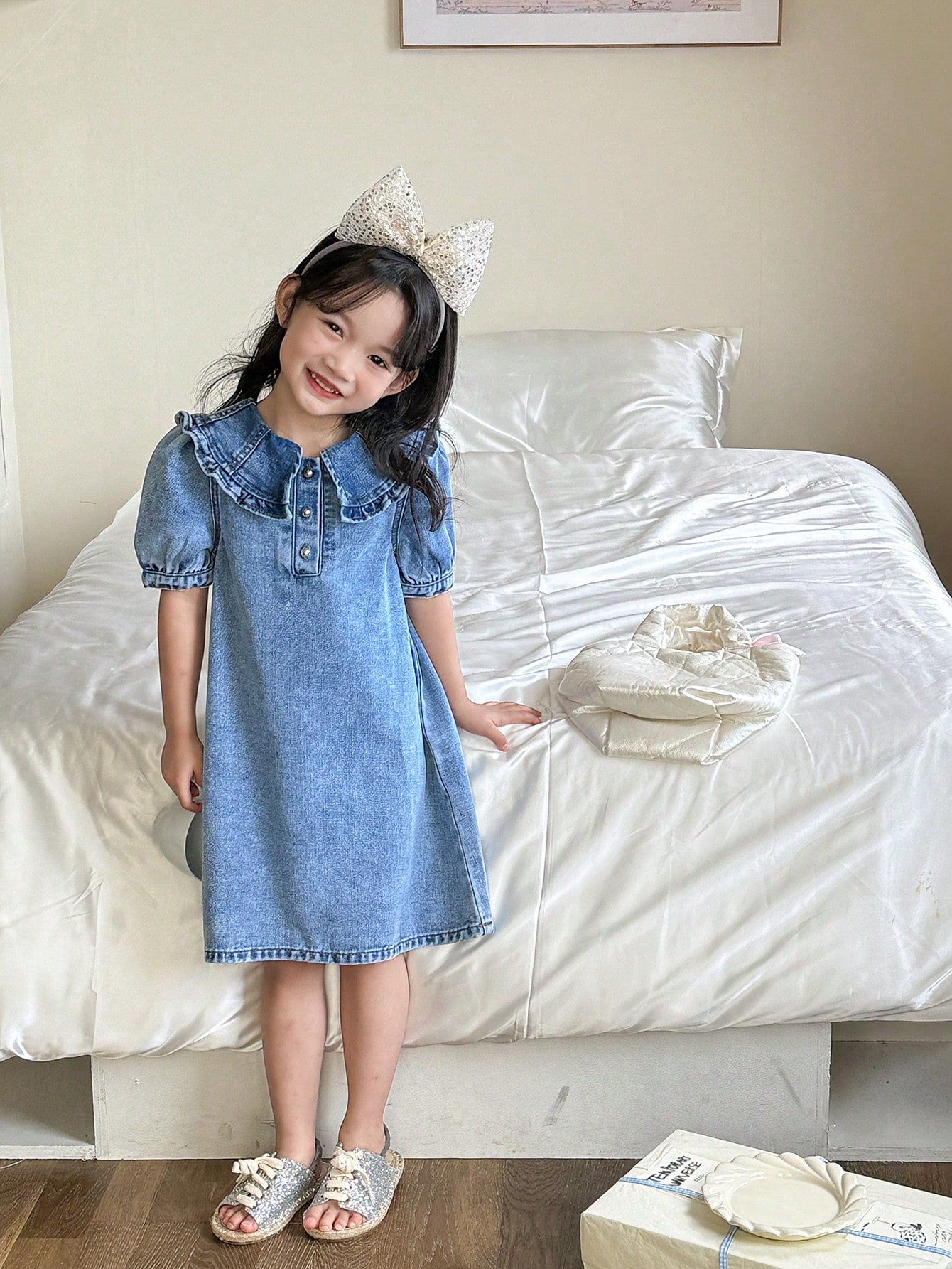 Kids YOUNG GIRL Preppy Cute Ruffled Collar Puff Sleeve A-Line Denim Dress