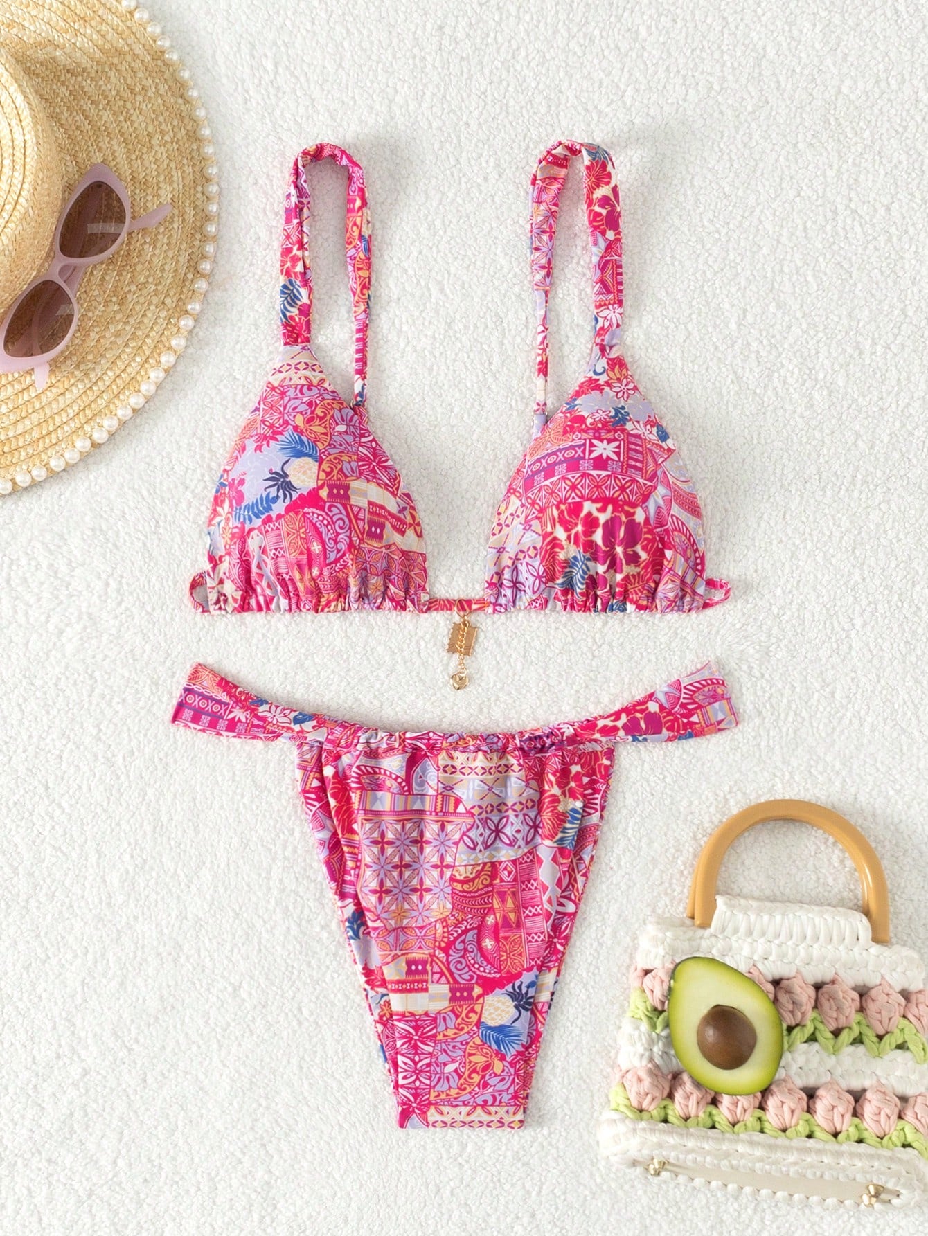 Women's Tropical Plant Printed Sexy Bikini Set For Summer Beach, Two-Piece