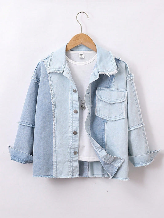 Girls' Light Blue Washed Denim Jacket With Frayed Hem