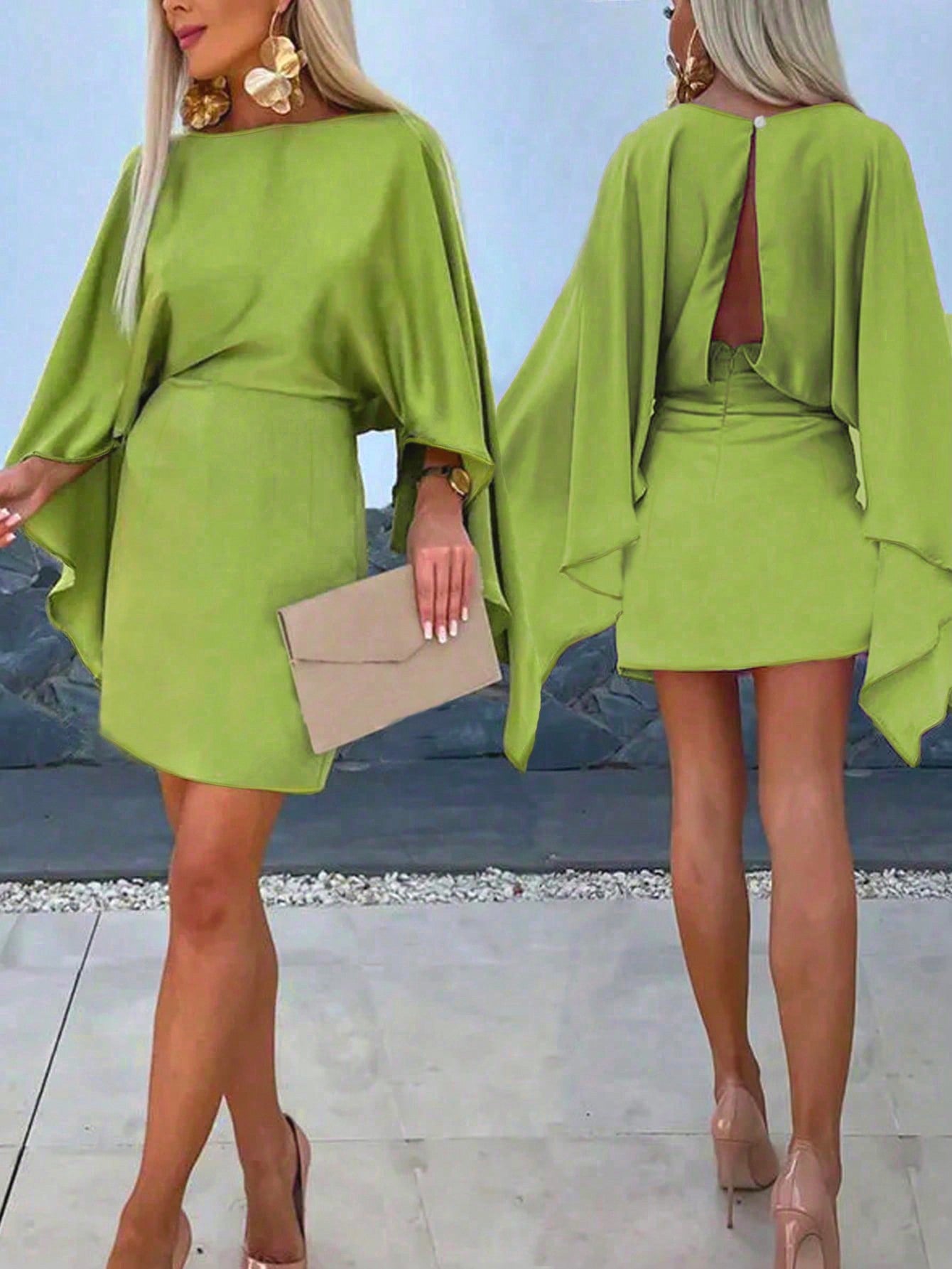 Green Casual Slim Fit Asymmetric Bell Sleeve Short Dress With Gathered Waist For Summer