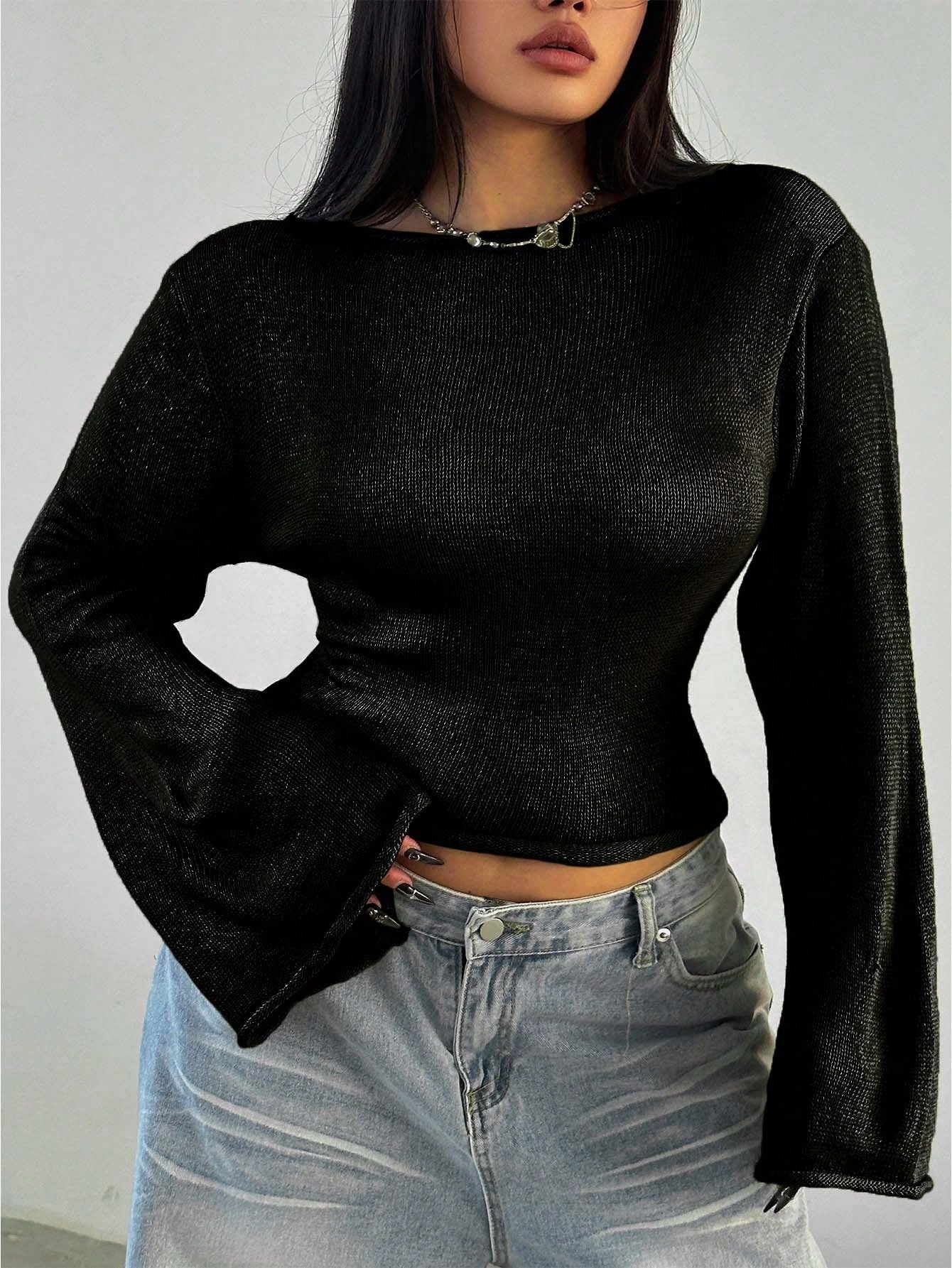 Casual Sexy Solid Color Plus Size Sweater With Flare Sleeves