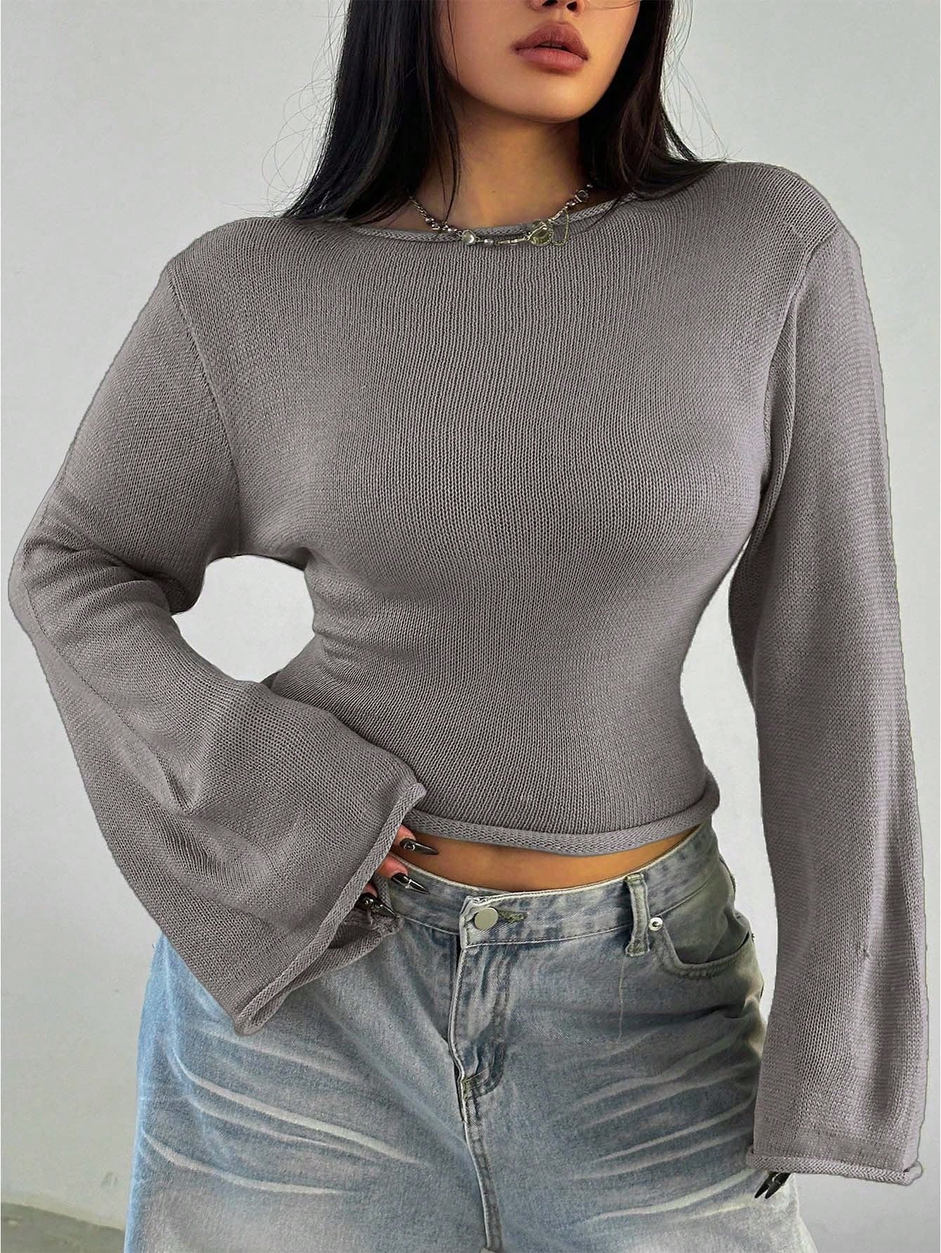 Casual Sexy Solid Color Plus Size Sweater With Flare Sleeves