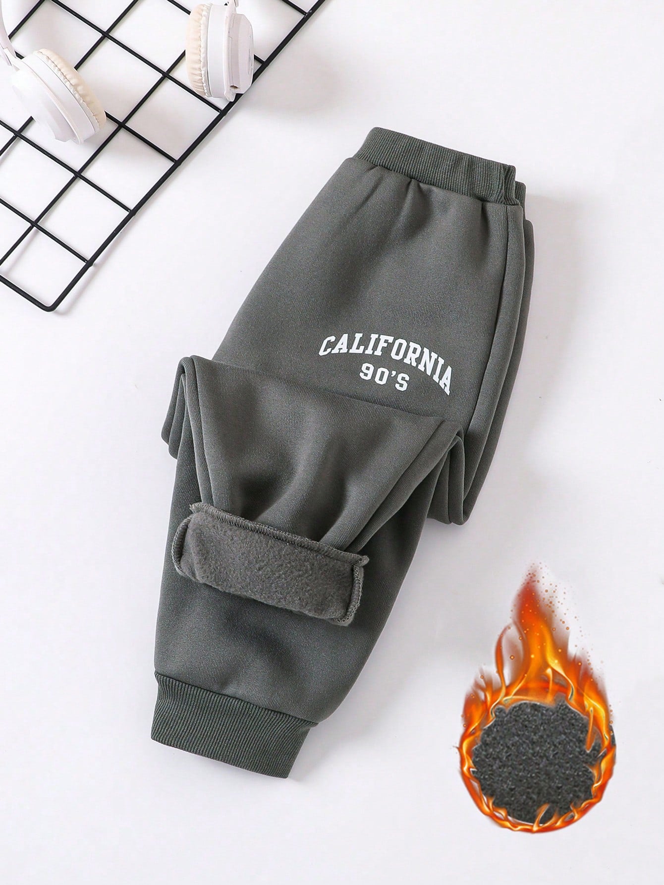 Boys' Casual Sporty 90's California Letter Printed Fleece-Lined Thick Warm Jogger Pants, Suitable For Fall/Winter