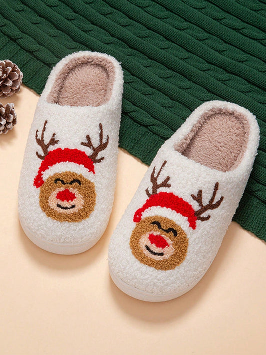 Women's Christmas Themed Warm Couple Slippers, Cartoon Reindeer, Christmas Tree, Santa Claus Pattern Slippers, Comfortable And Warm Autumn And Winter Slippers