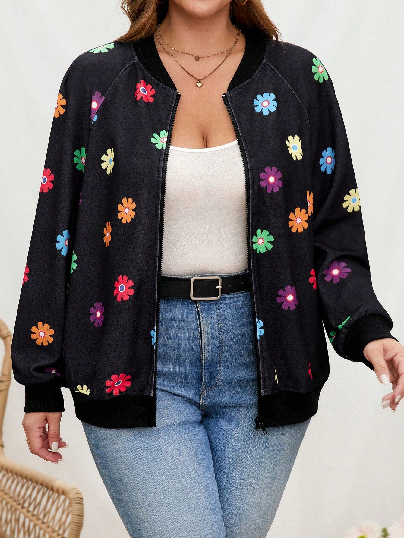 Plus Floral Jacquard Zip Up Bomber Jacket