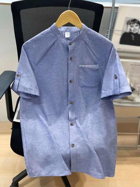 Teen Boy Casual Striped Short Sleeve Shirt With Patchwork, Decorative Stitching, Angle-Cut Pocket And Woven Details, Perfect For Spring/Summer