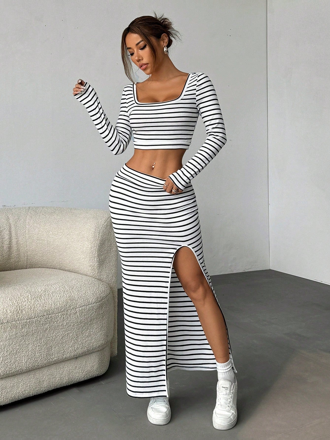 Striped Print Crop Tee & Split Thigh Skirt