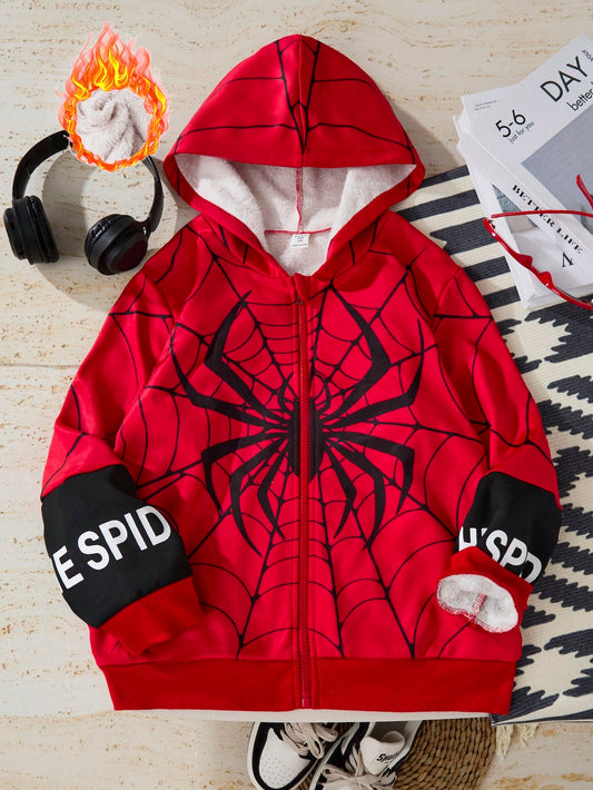 Teenage Boys' Fashionable Spider Web Print Fleece Jacket