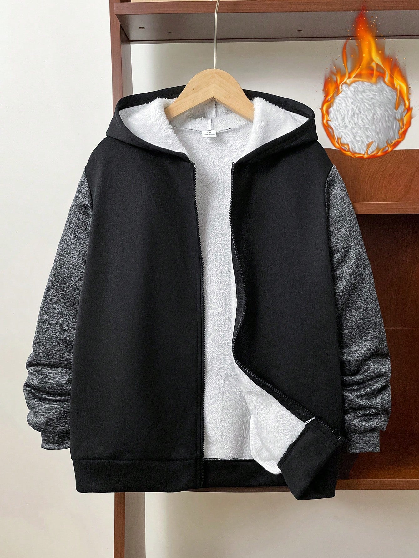 Tween Boys' Casual Hooded Plush-Lined Knitted Jacket With Zipper, Warm And Thick, Fall/Winter