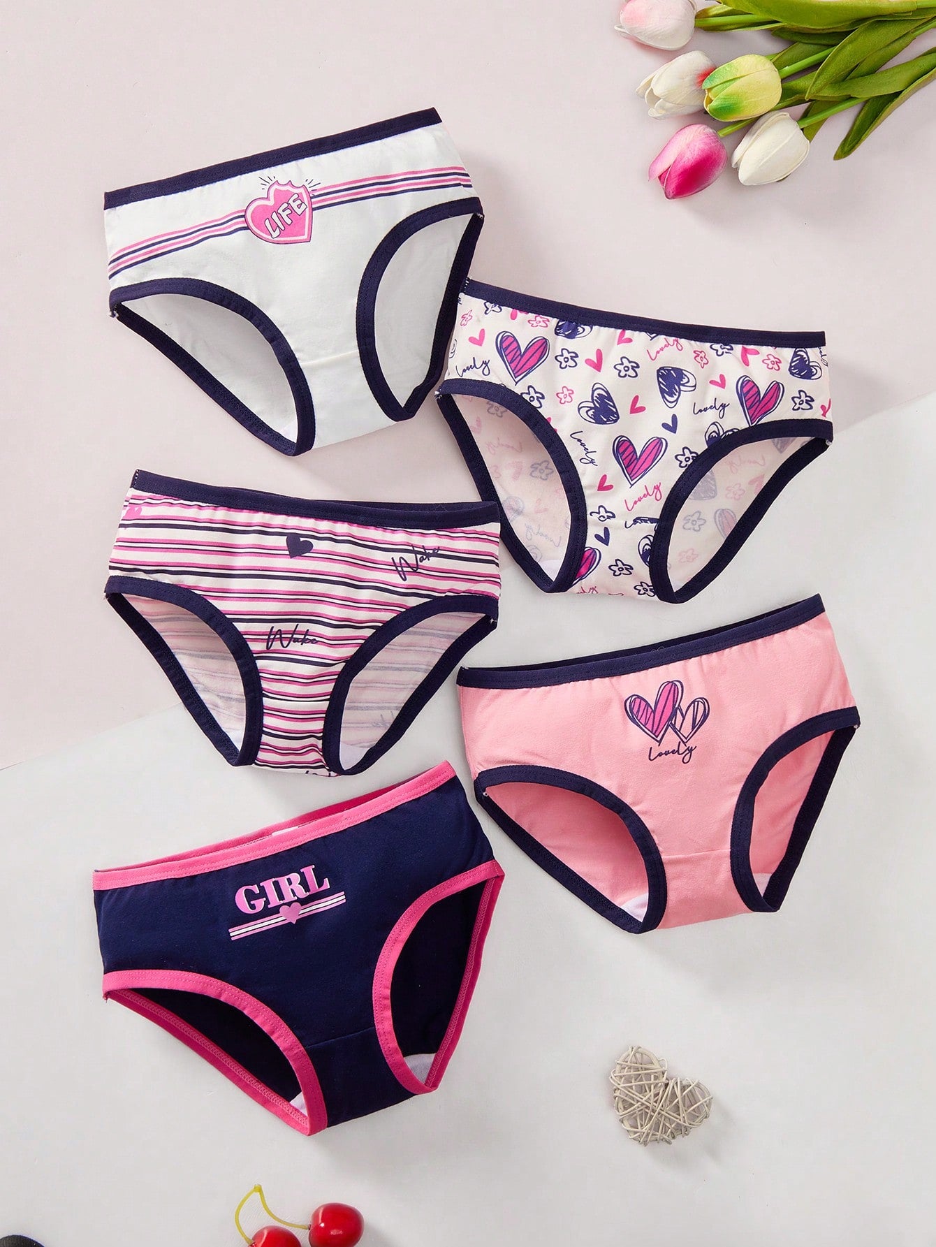 Young Girl Knitted Comfortable And Skin-Friendly Heart, Stripe, Letter & Triangle Pattern Panties, 5pcs/Set