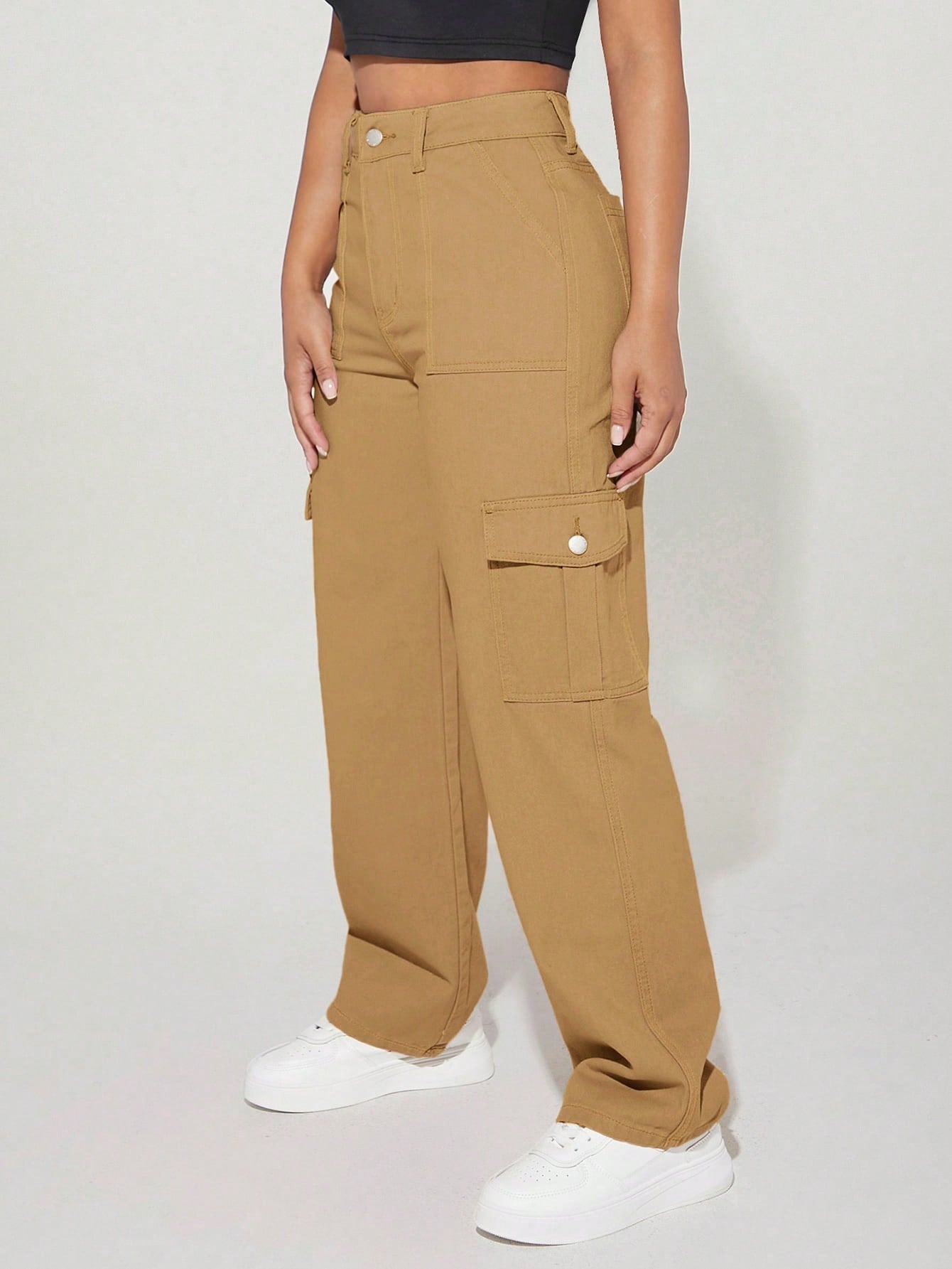 High Waist Flap Pocket Side Cargo Jeans