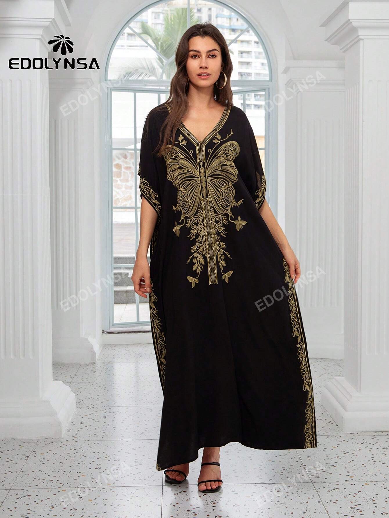 Embroidery Blue Kaftan Women Bohemian House Dress Split Thigh Beachwear Dubai Abaya Vacation