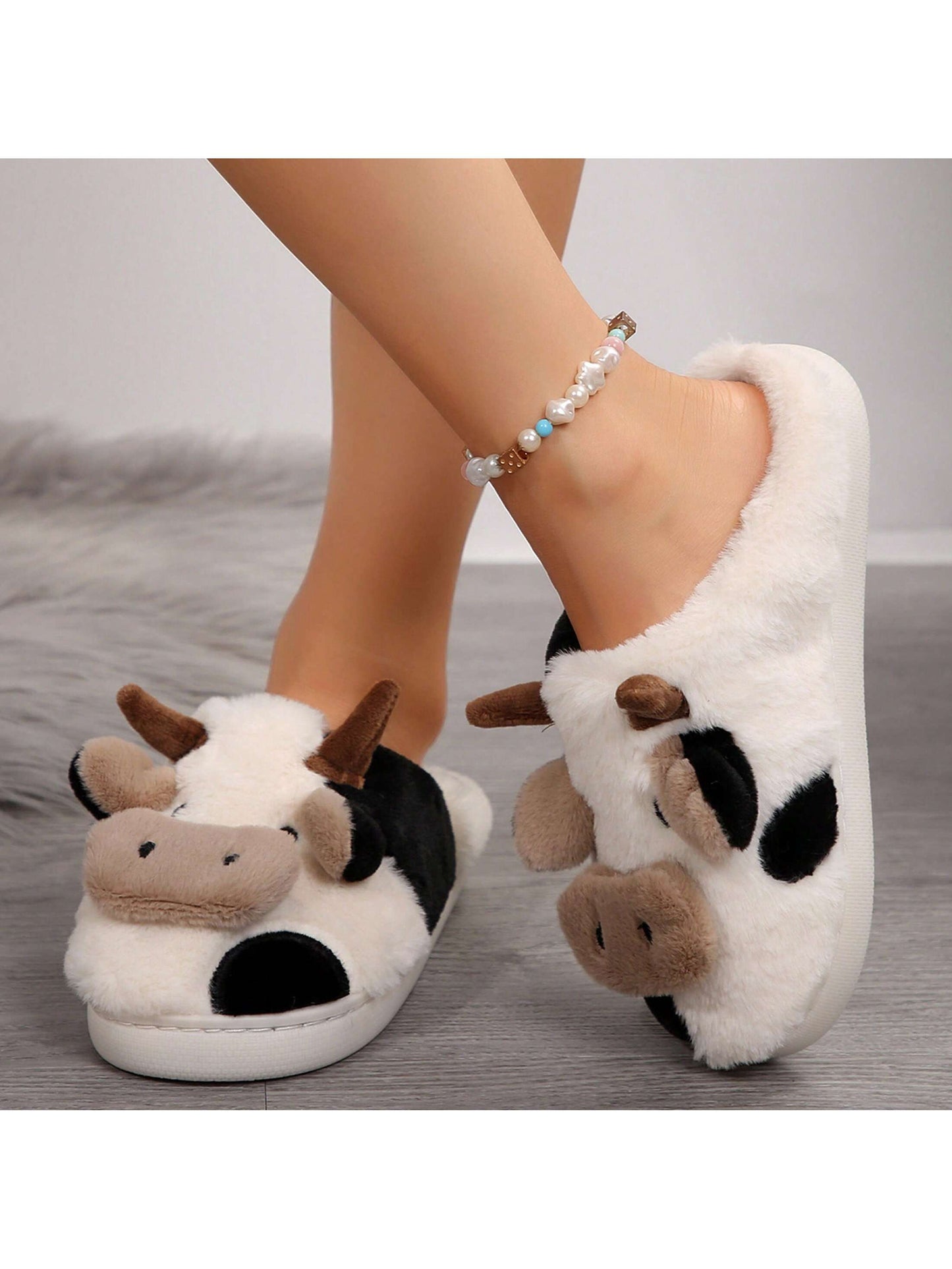 Fuzzy Cow Slippers For Women Cute Cotton Animals House Shoes Fluffy Plush Slippers  Indoor Living Room Bedroom