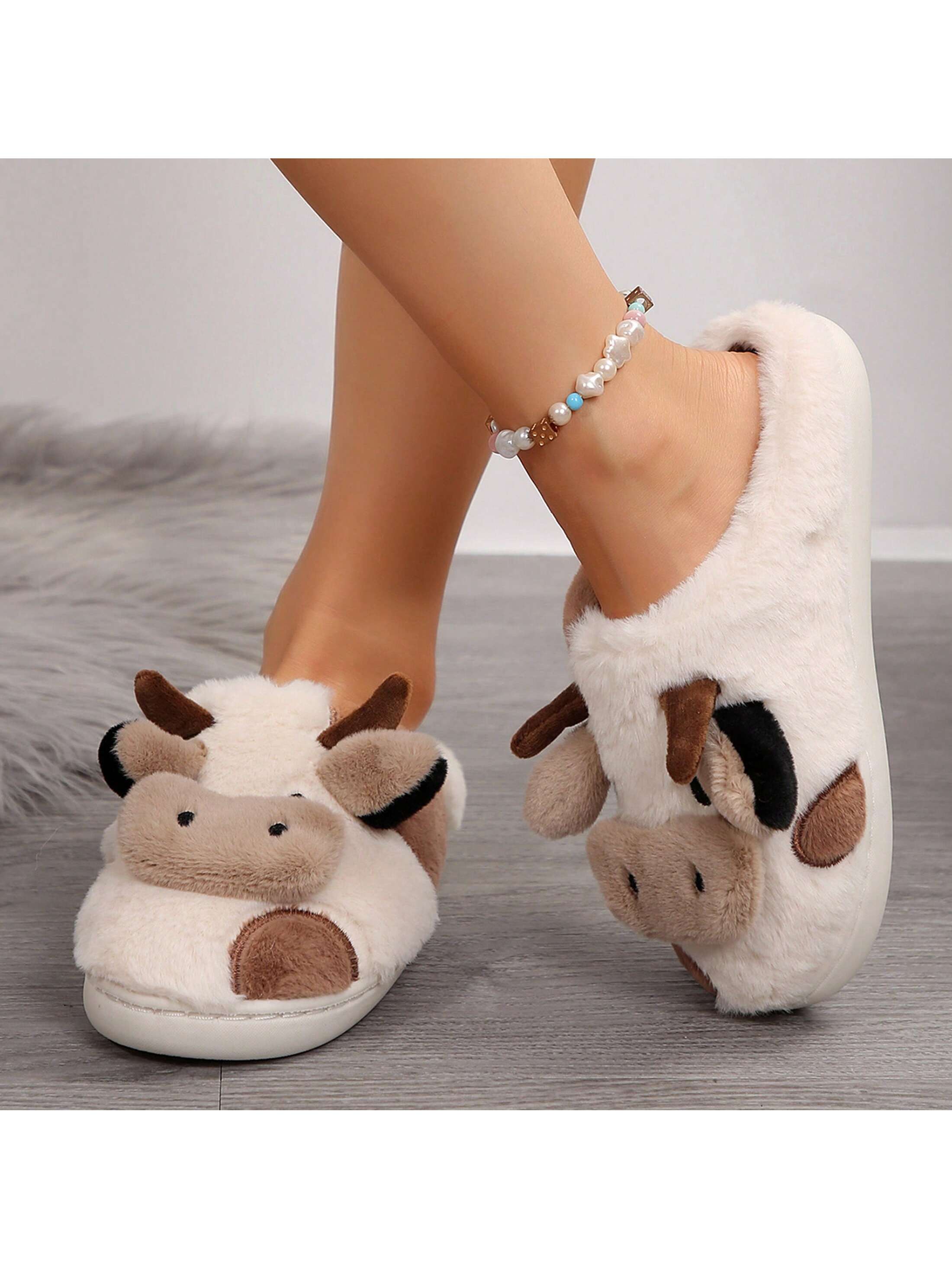 Fuzzy Cow Slippers For Women Cute Cotton Animals House Shoes Fluffy Plush Slippers  Indoor Living Room Bedroom