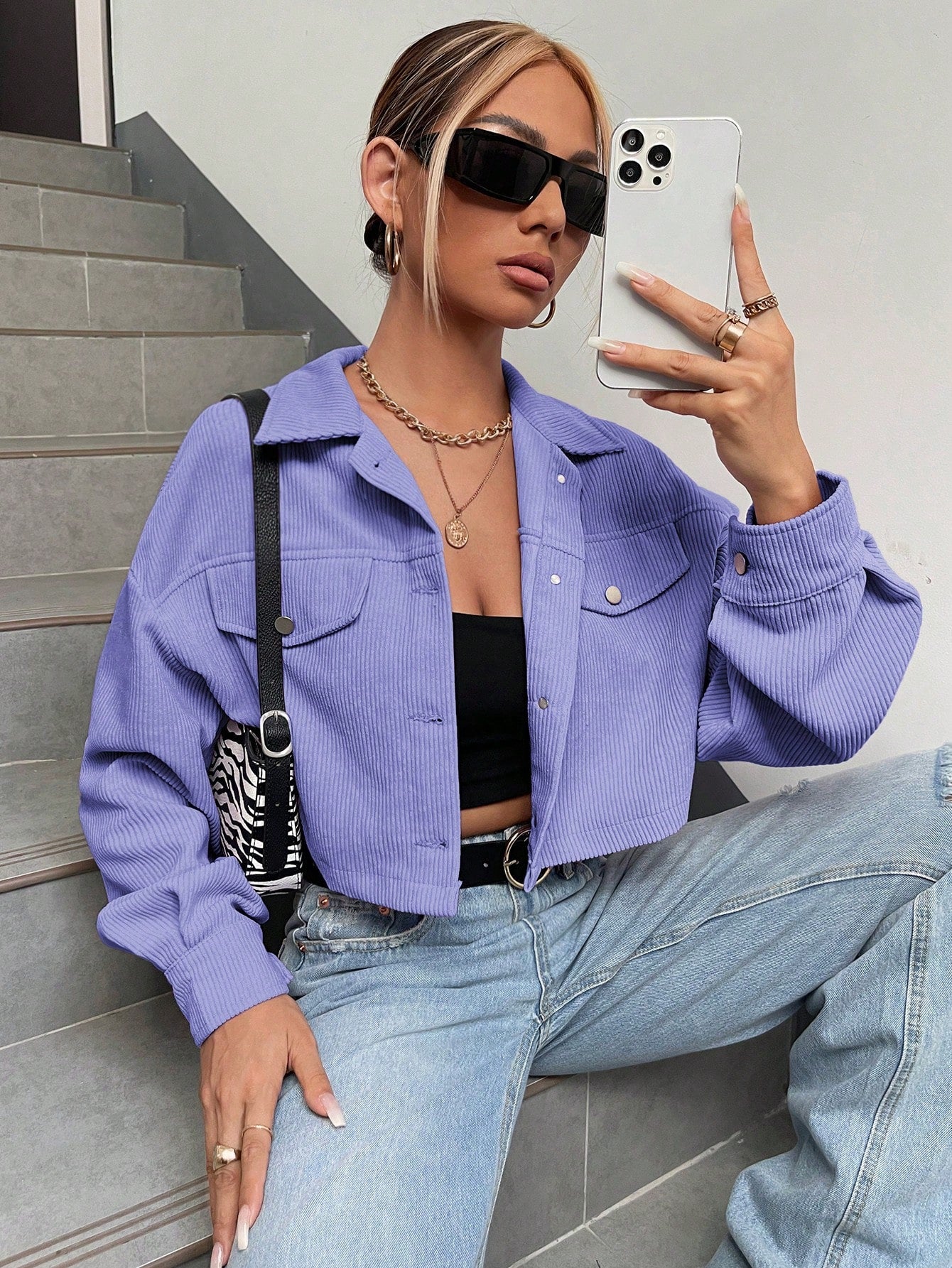 Spring Outfits Drop Shoulder Flap Detail Crop Corduroy Jacket