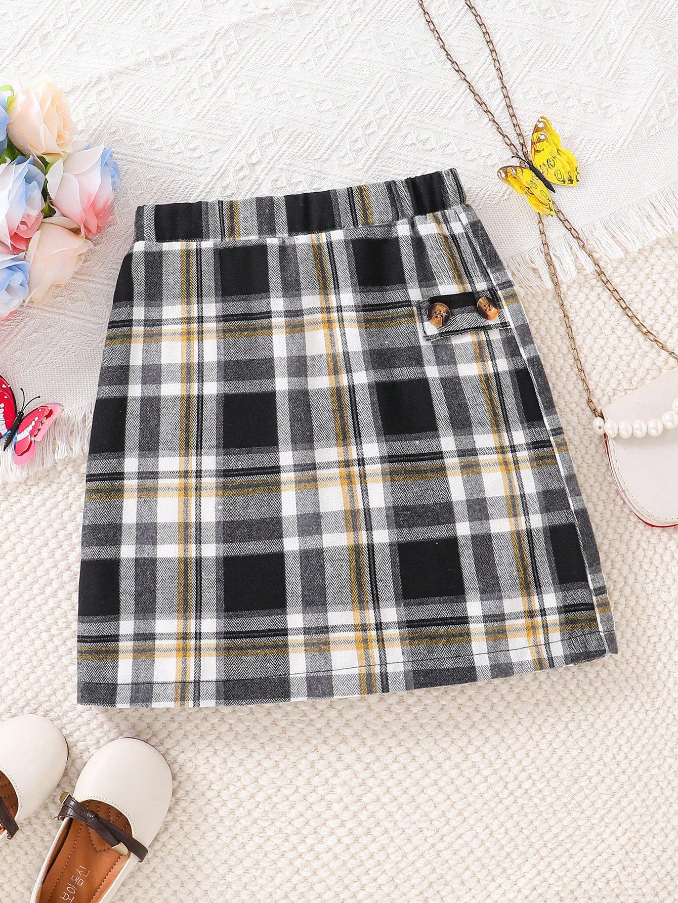 Tween Girl Plaid Button Detail Skirt