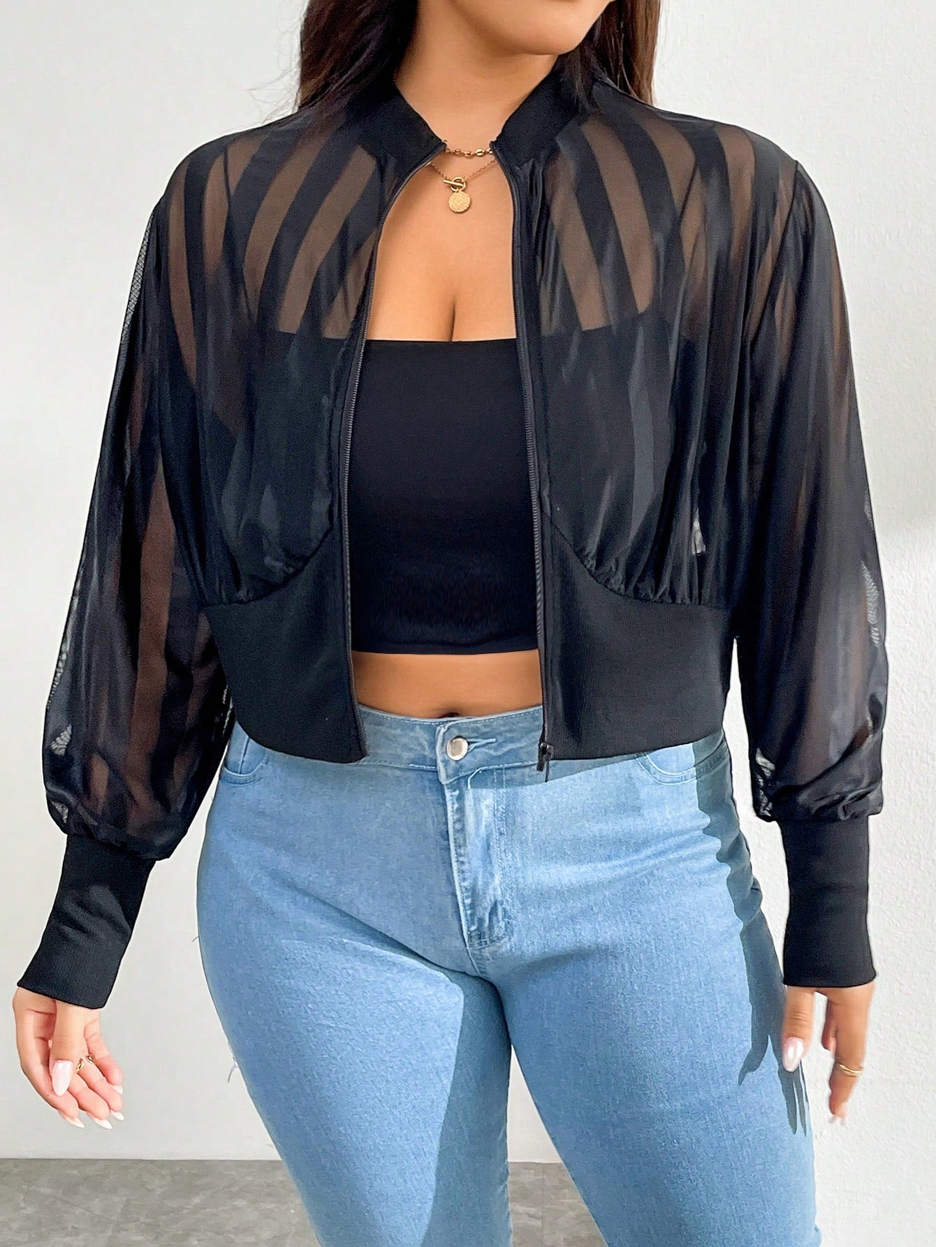 Plus Size Women's Fashionable Casual Business Women Clothes Commuting Back To School Clothes Fall Clothes Black Top Fall Fall Outfits Teacher Clothes Zip Up  Jacket Autumn Solid Black Outer Wear Thin See-Through Striped Long Sleeve Jacket Zip Up Jacket