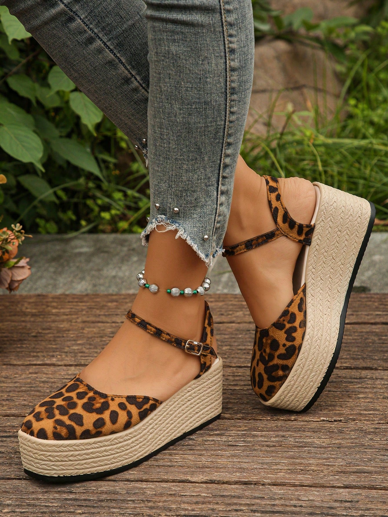 Women's Brown Leopard Print Buckle Strap Open Back Woven-Style Wedge Sandals, Round Toe, Thick Sole, Anti-Slip, Holiday Style, New Arrival, Summer/Fall Outdoorsy, Suede Leopard Print