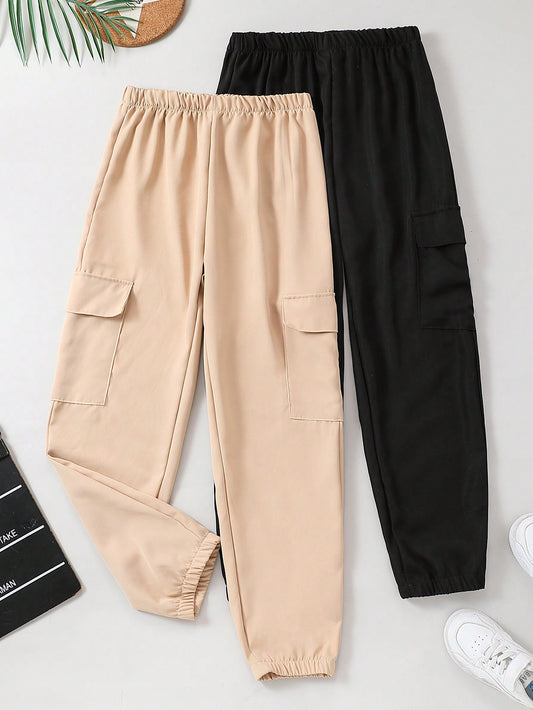 Tween Girl 2pcs/Set Fashionable Multifunctional Pocketed Long Pants , Spring/Summer/Fall