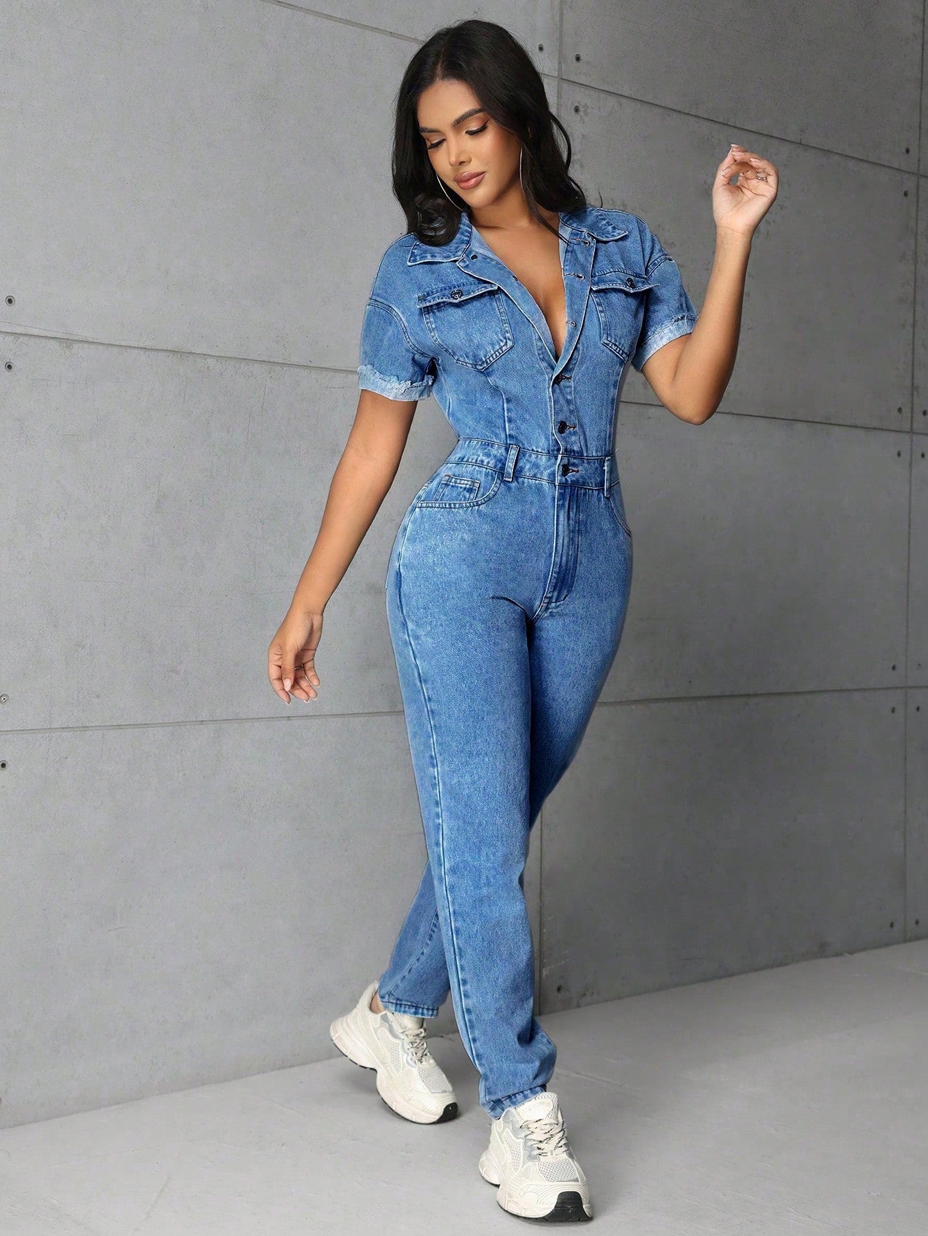 Women's Fashionable Short Sleeve Denim Jumpsuit With Pocket Design