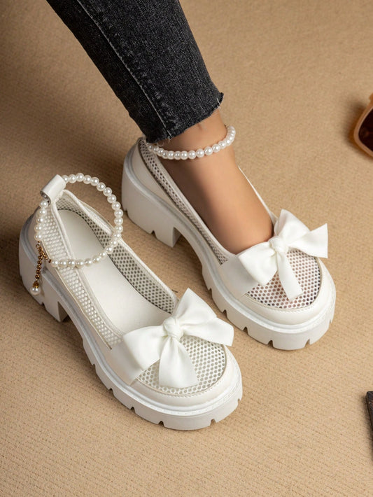 Women's Wedge Heels & Thick Platform White Breathable Mesh Shoes, Bow Knot Design Durable Fashionable All-Match Sneakers