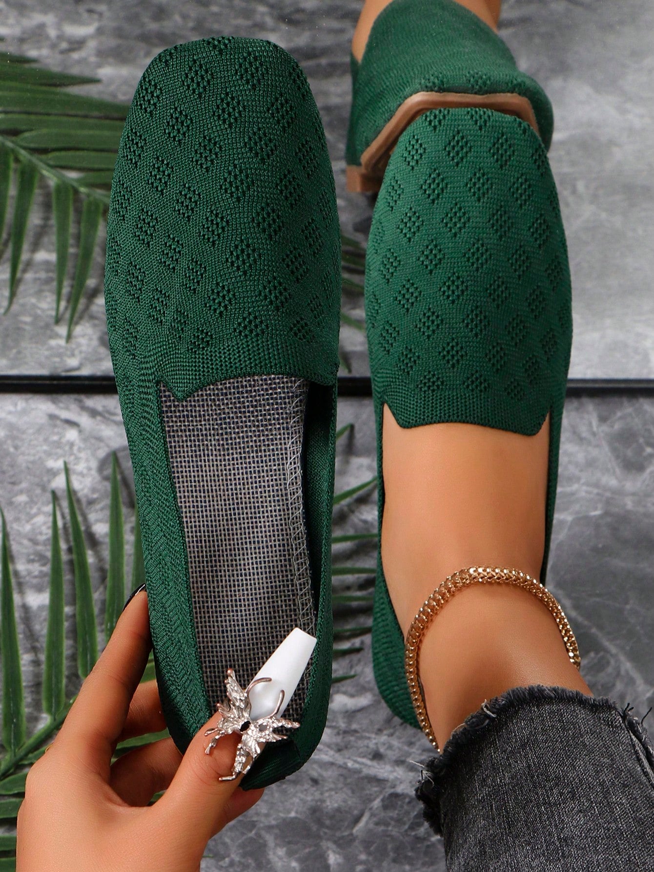 Knitted Women's Flat Shoes In Solid Color, Breathable Knit Flat Shoes, Elegant Formal Shoes, Easy Slip-On Shoes Green/Blue