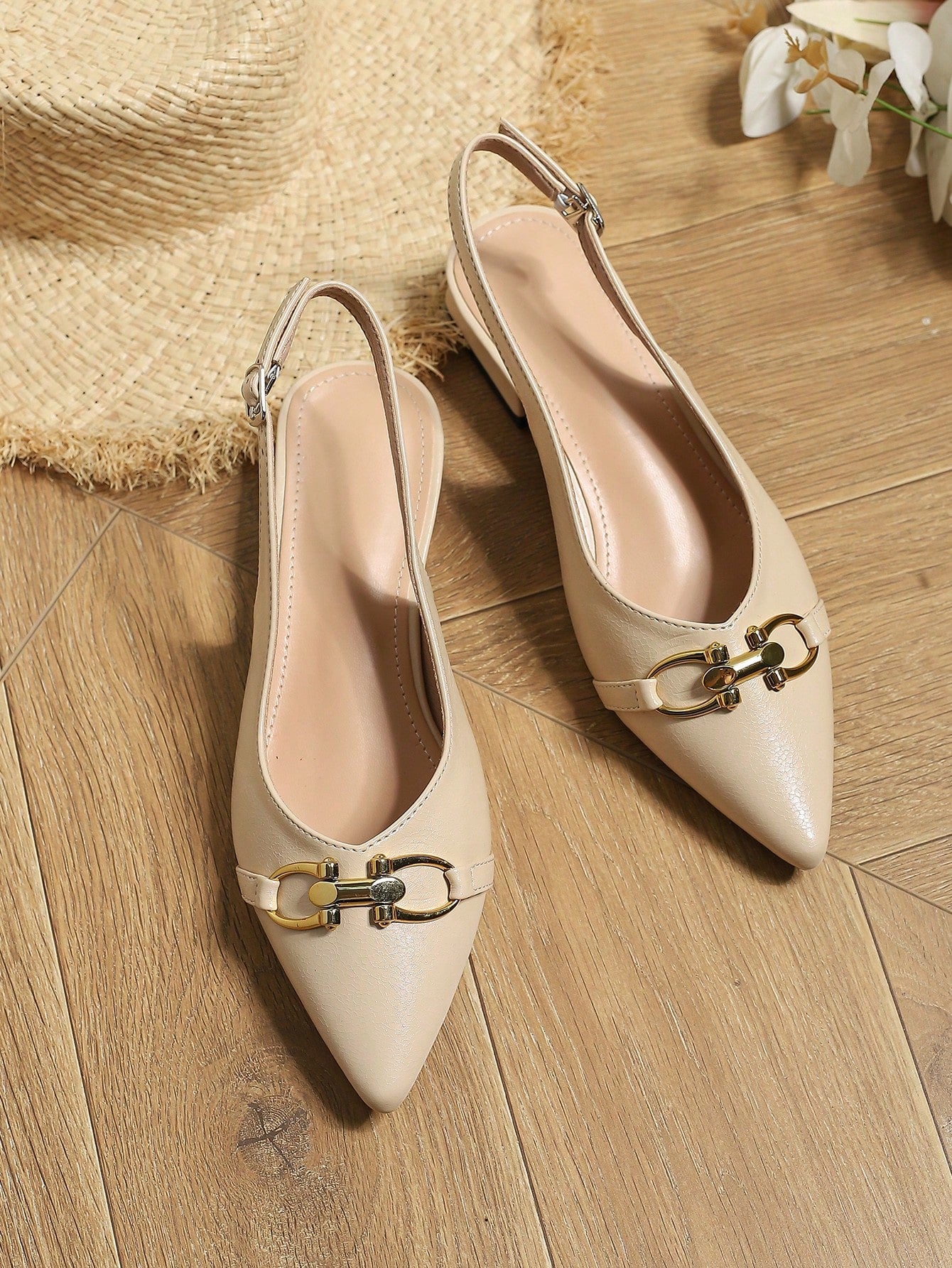 Elegant Apricot Flats For Women, Crocodile Embossed Metal Decor Point Toe Slingback Flats